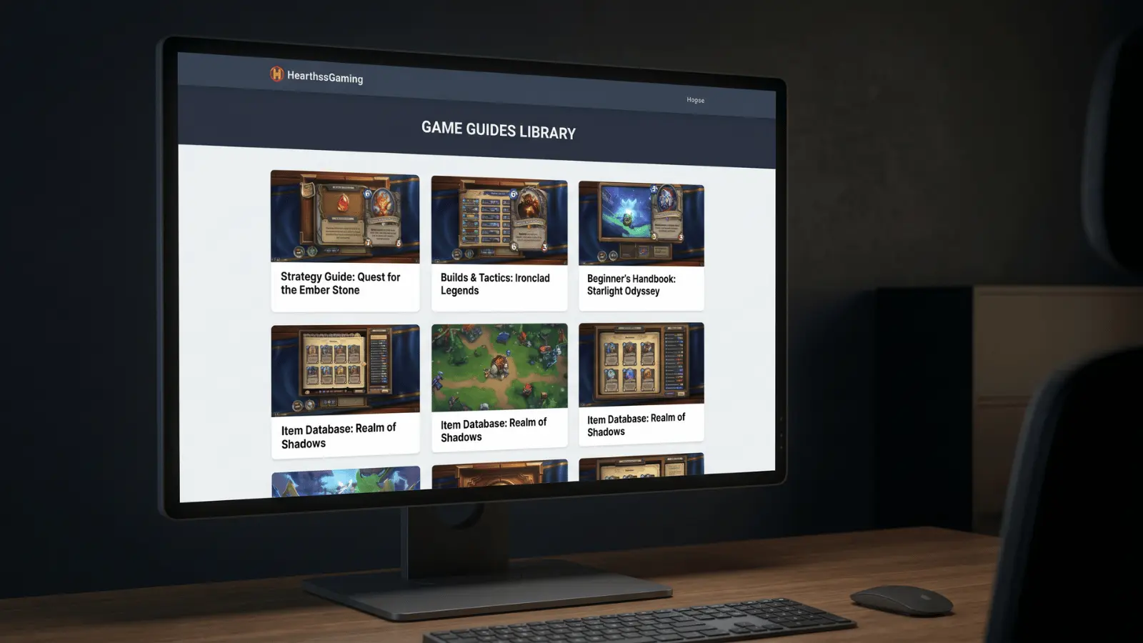 Computer monitor displaying HearthssGaming interface with multiple game guides visible