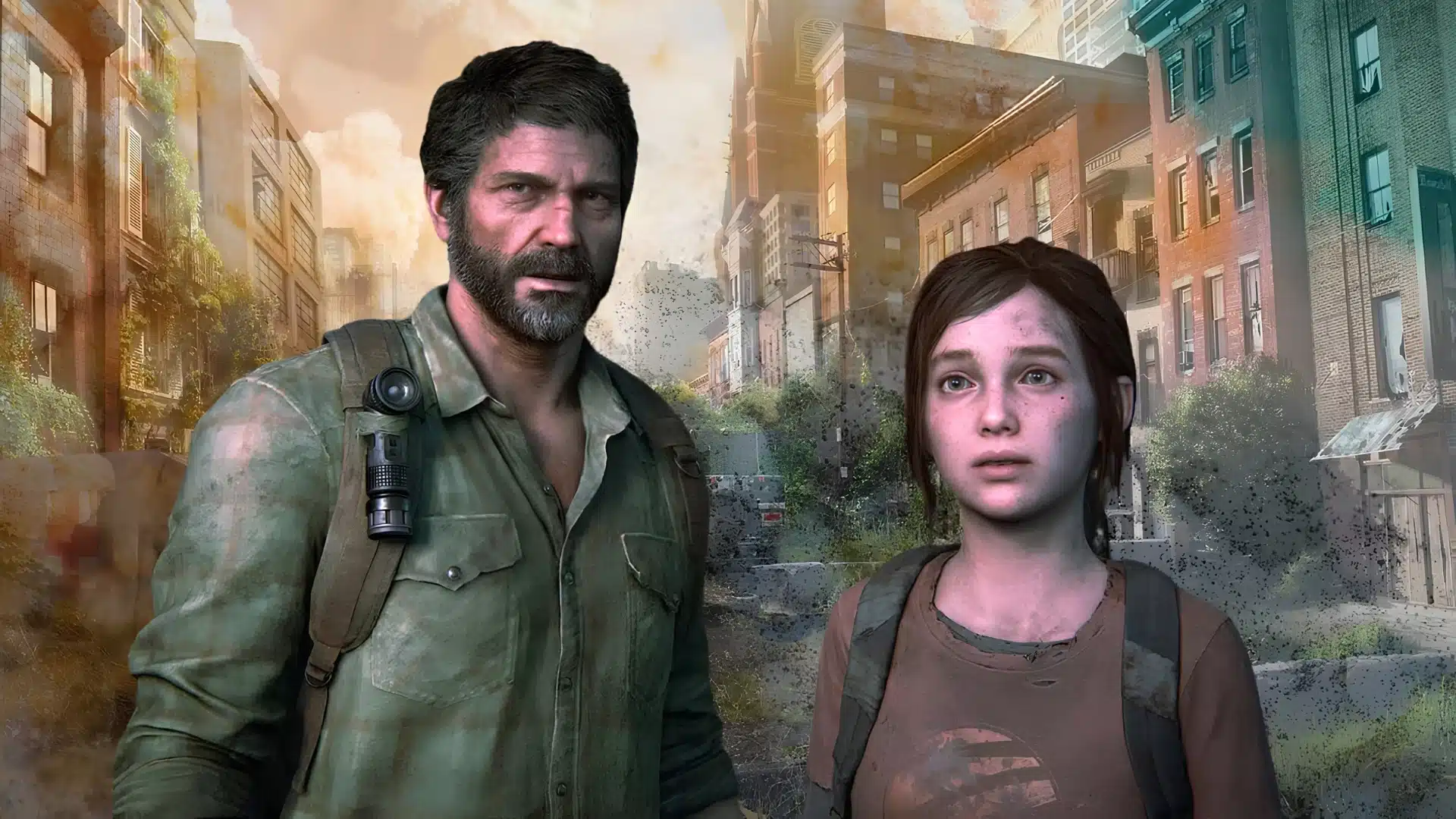 A bearded man and a young girl standing in a ruined, overgrown city street.