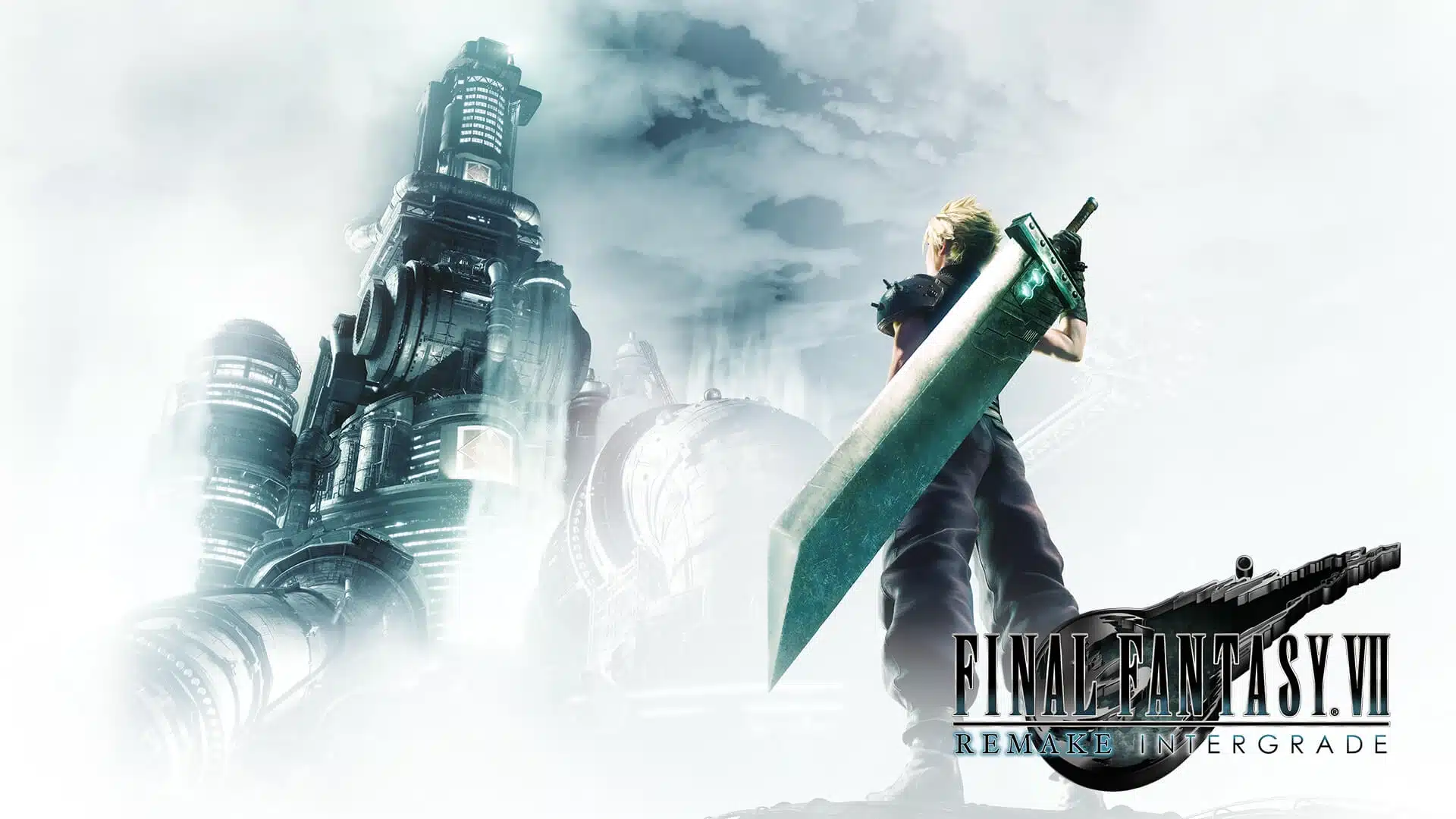 A blonde warrior carrying a massive sword looking up at a towering industrial structure.