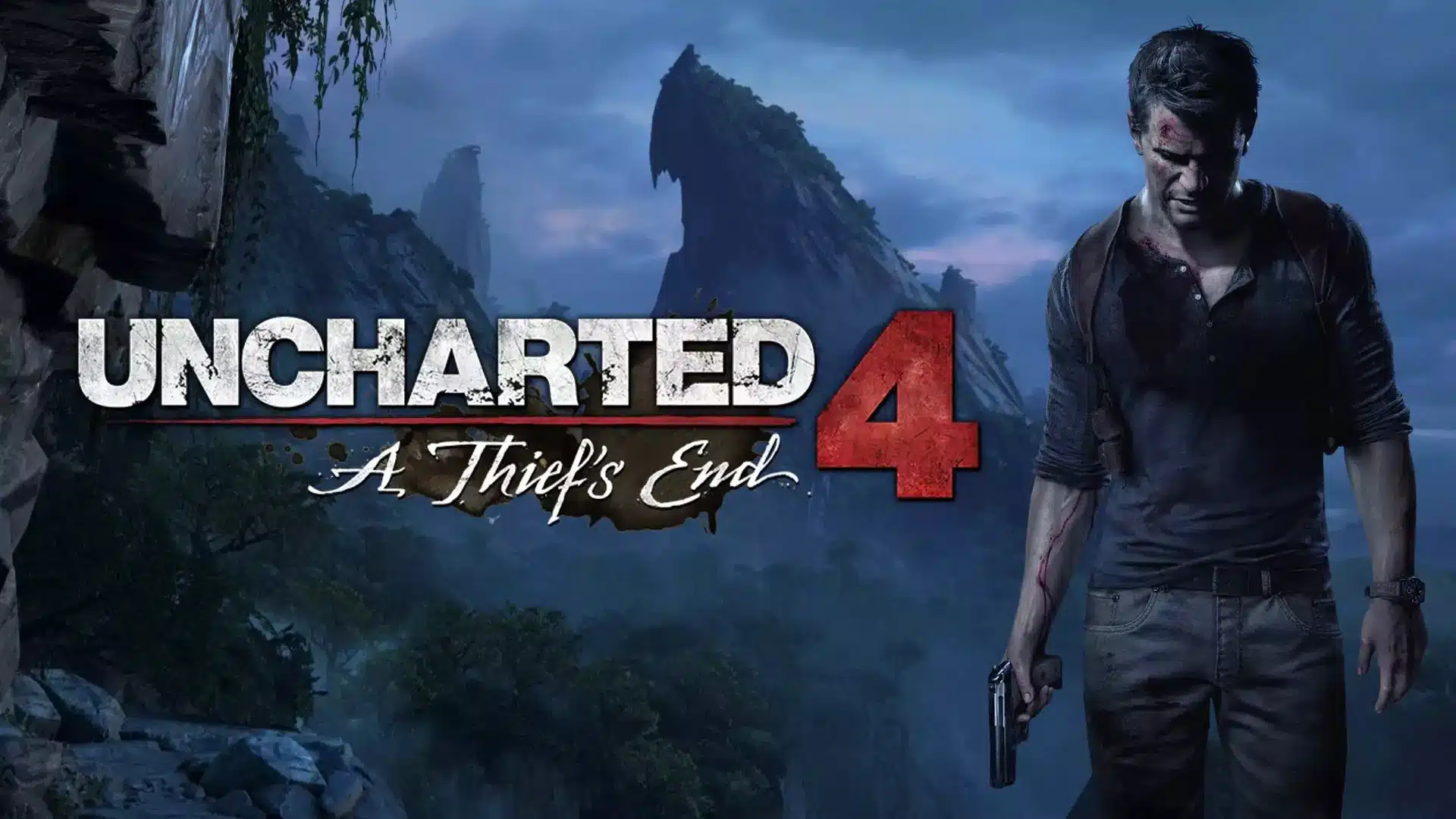 A bruised, battered man holding a handgun against a dramatic, mountainous jungle landscape.