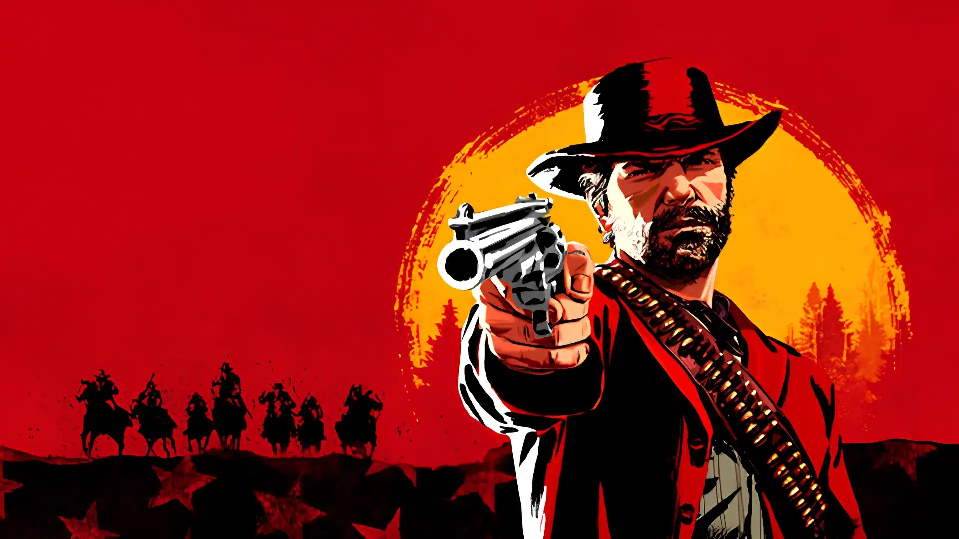 A cowboy aiming a revolver forward against a bold red and yellow sun background.