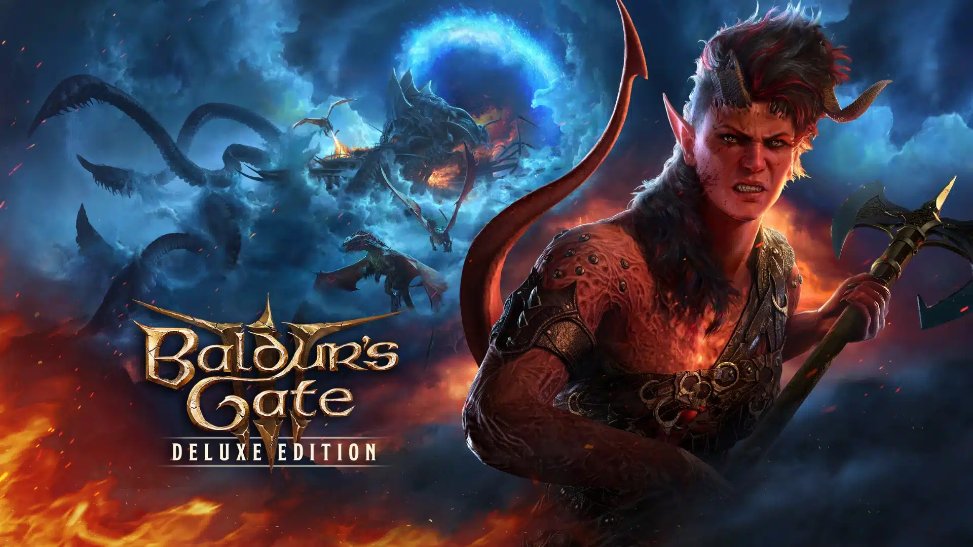 A fierce red-skinned tiefling warrior wielding an axe in front of a dramatic battle.