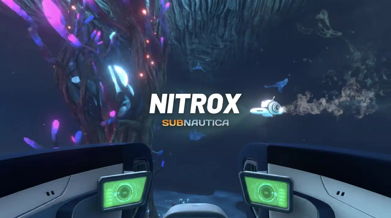 A first-person view from a submarine cockpit in Subnautica