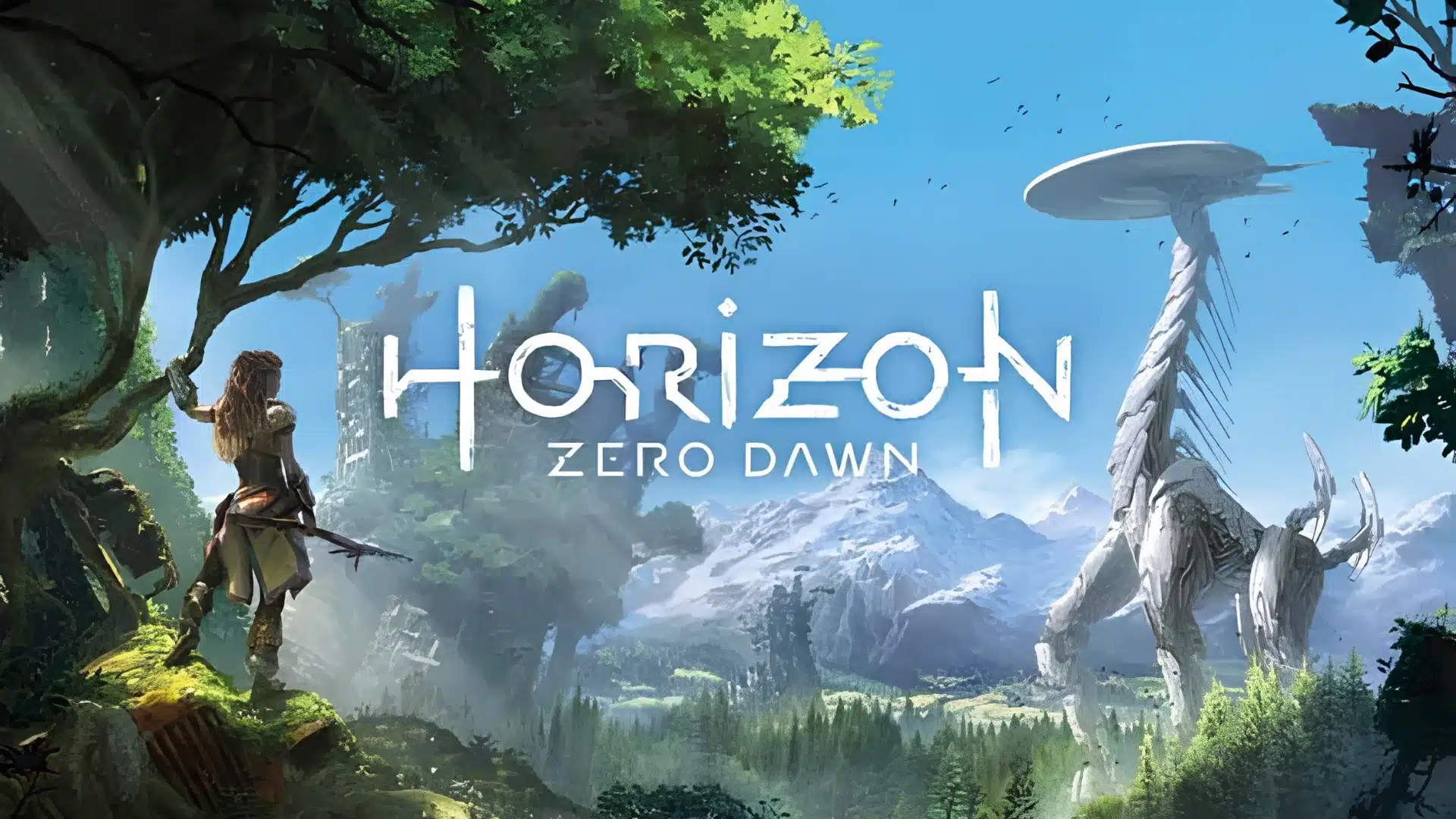 A hunter with a bow looking toward a tall, giraffe-like robotic creature in nature.