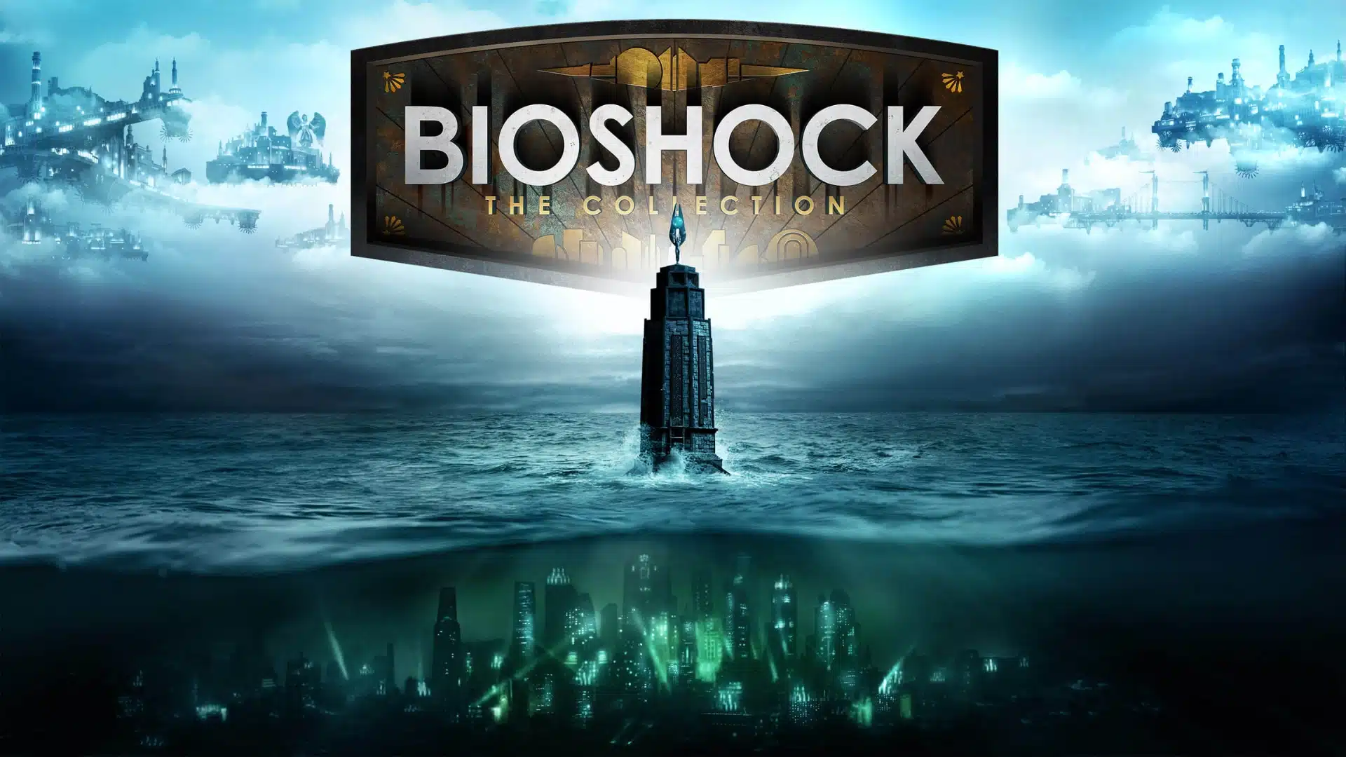A lighthouse rising from ocean waters separating a floating sky city and underwater city.