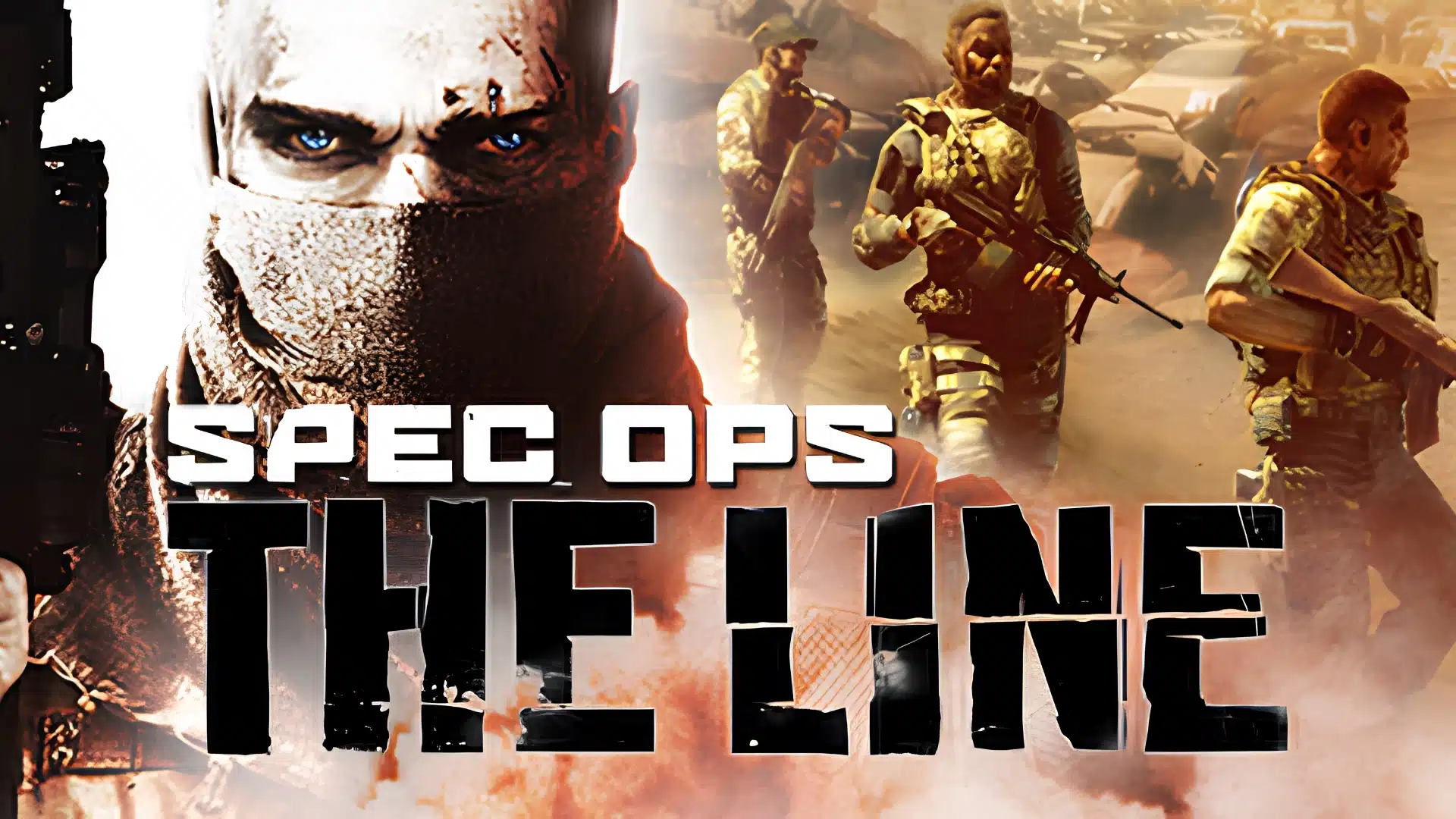 A masked soldier with intense blue eyes alongside heavily armed military operatives in a desert battle.
