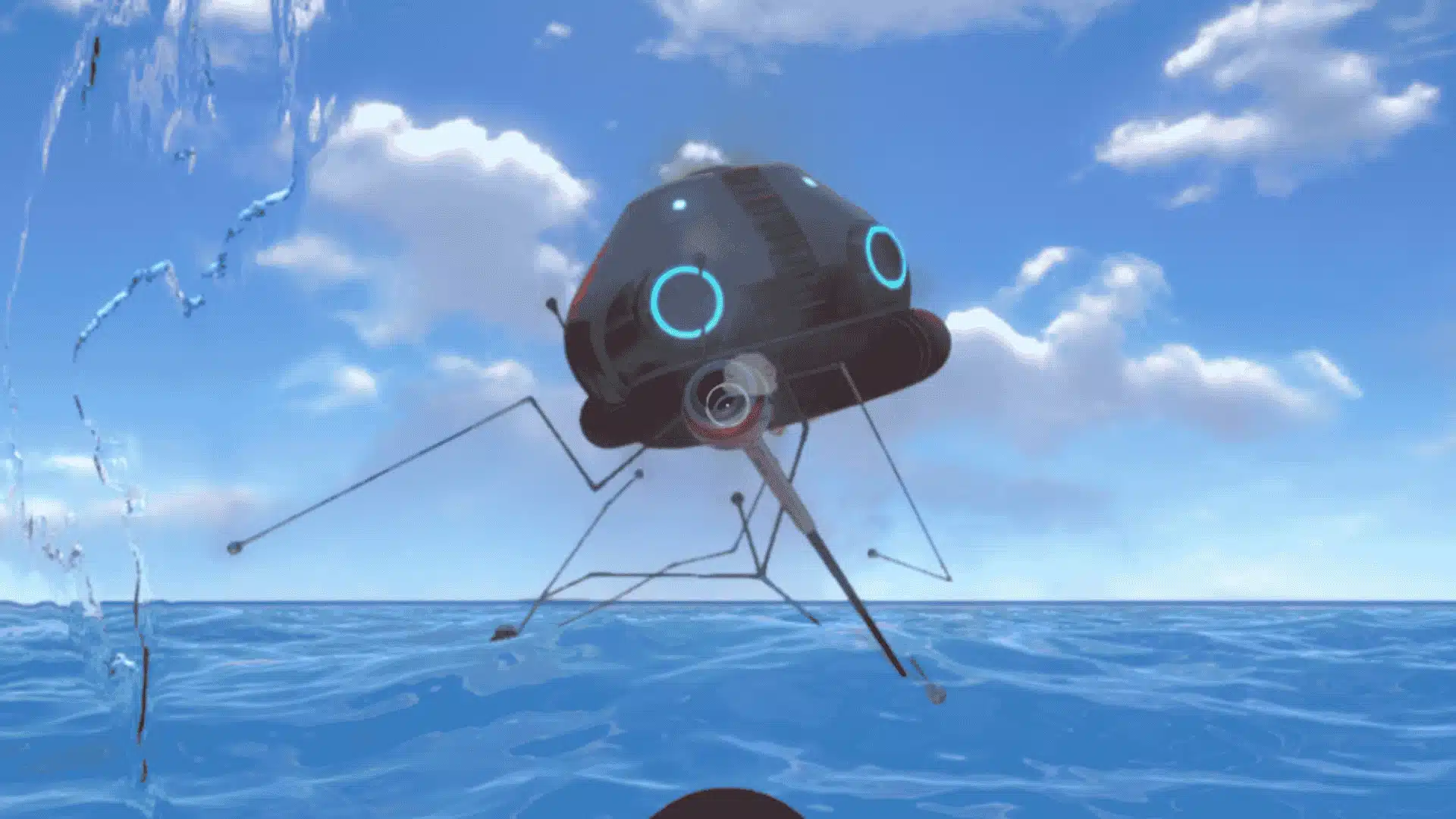 A metallic, rounded mechanical pod with thin spindly legs floats just above a blue ocean surface under a partly cloudy sky.