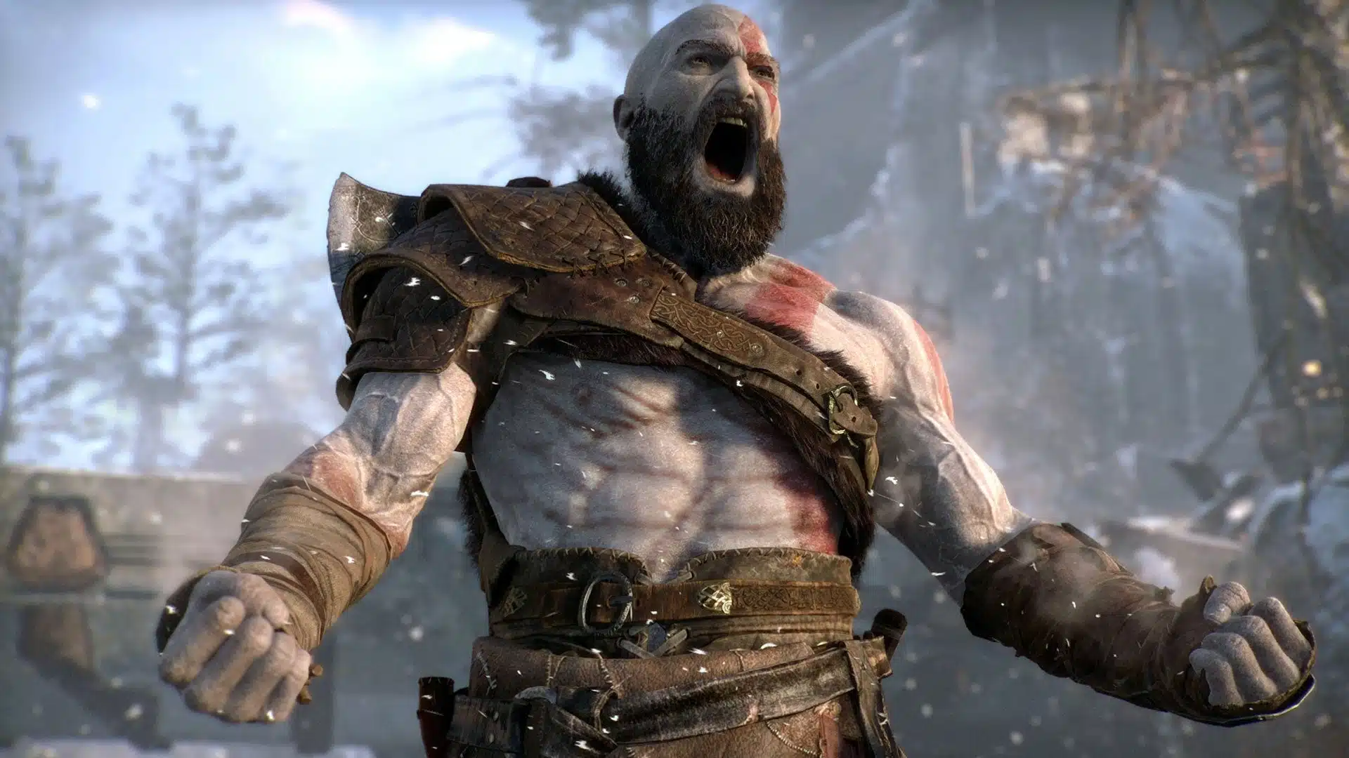 A muscular bearded warrior shouting passionately in a snowy, battle-worn environment.