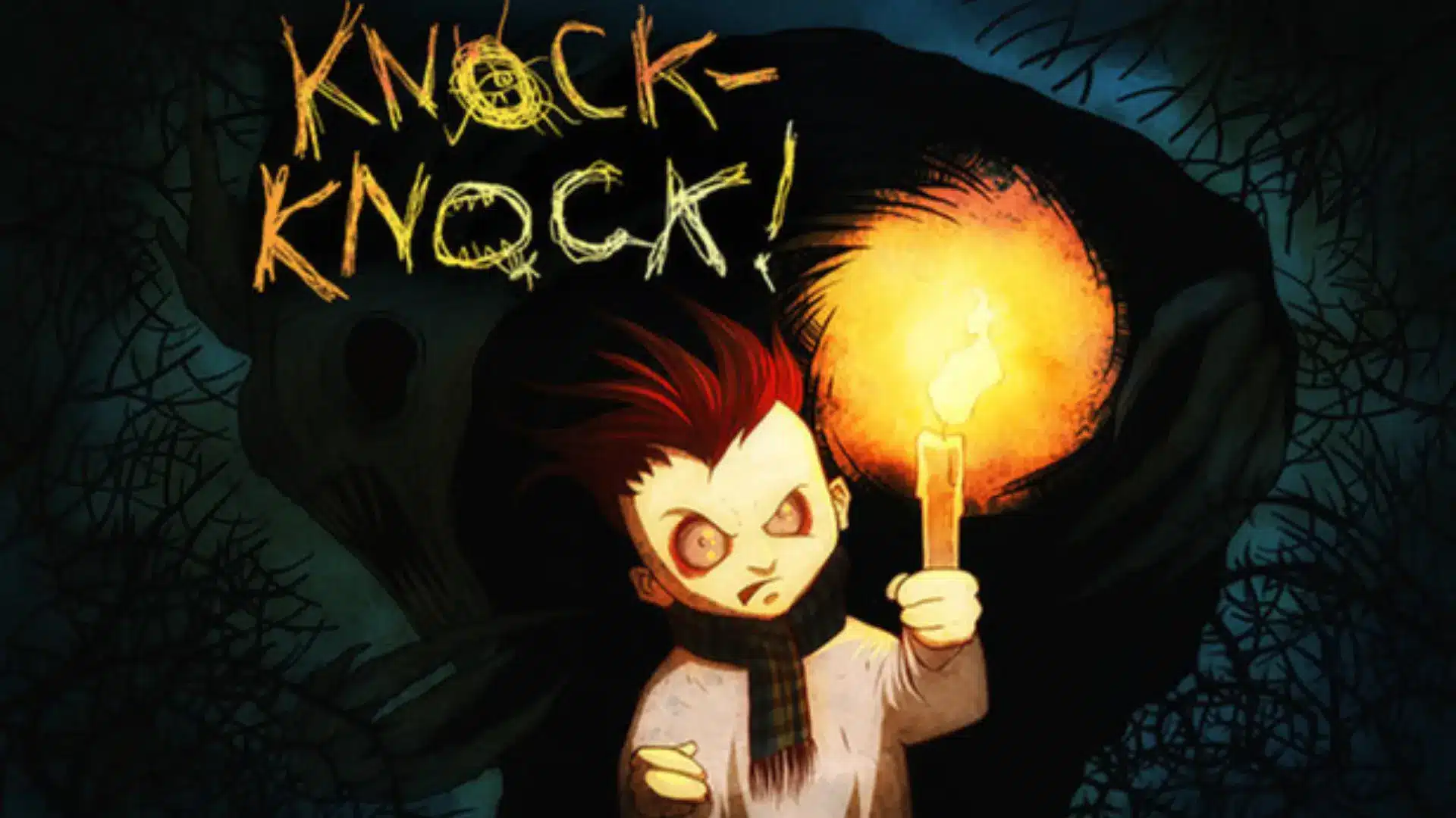 A pale character holding a lit candle in front of a shadowy figure in Knock-Knock.