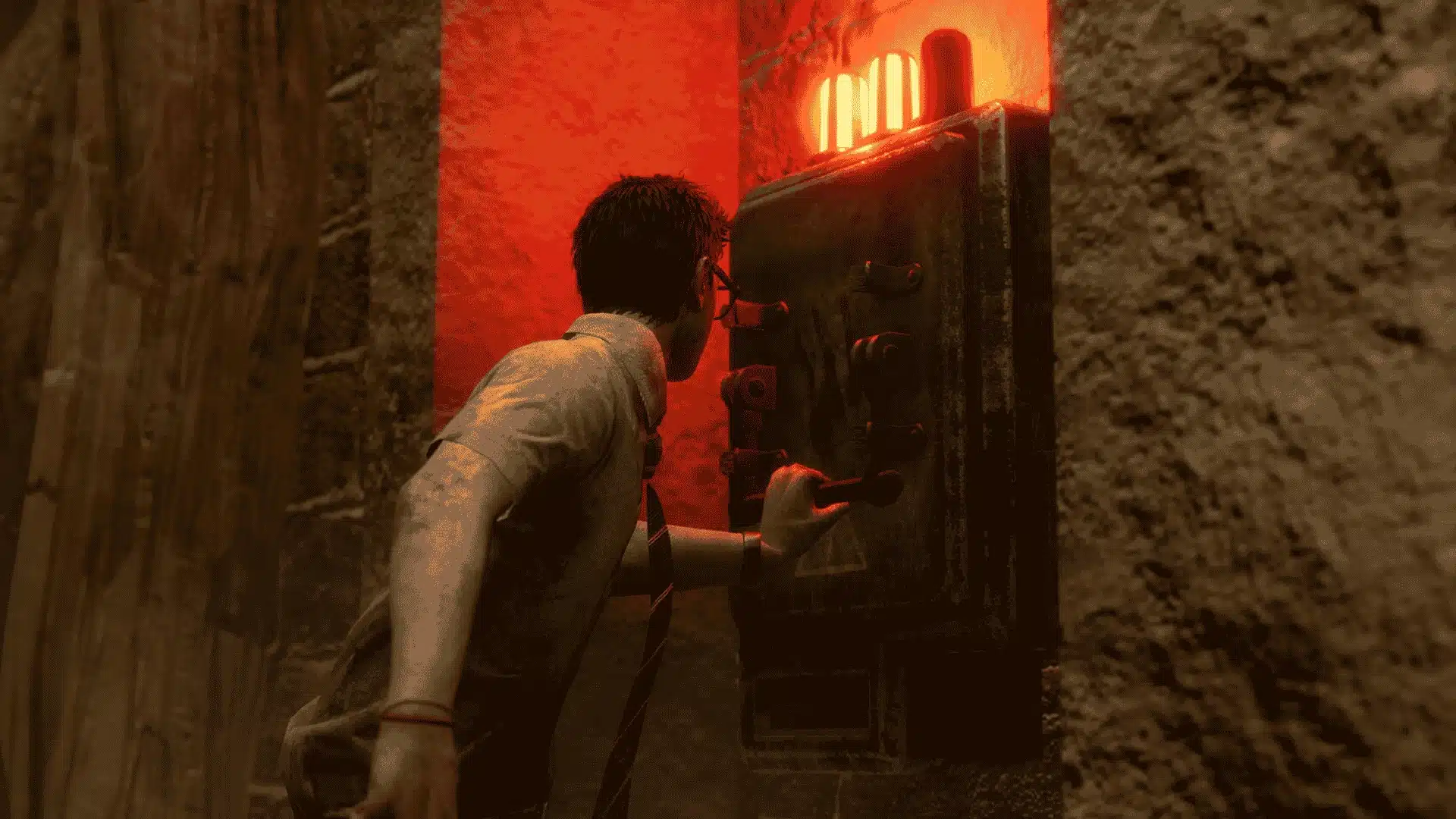 A Survivor in Dead by Daylight pulls a lever on an exit gate panel under glowing red lights.
