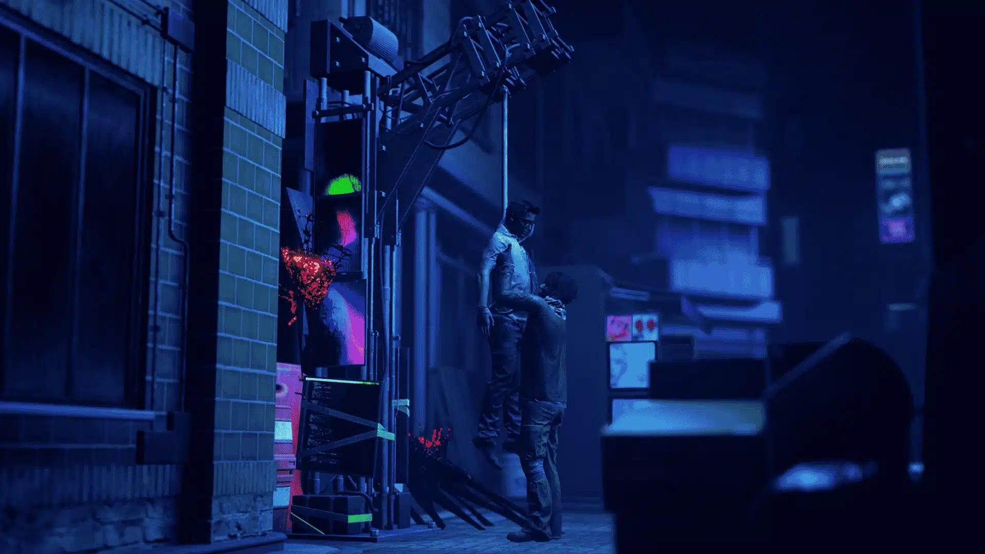 A video game screenshot showing a character hanging from a sacrificial hook in a dark urban alley.