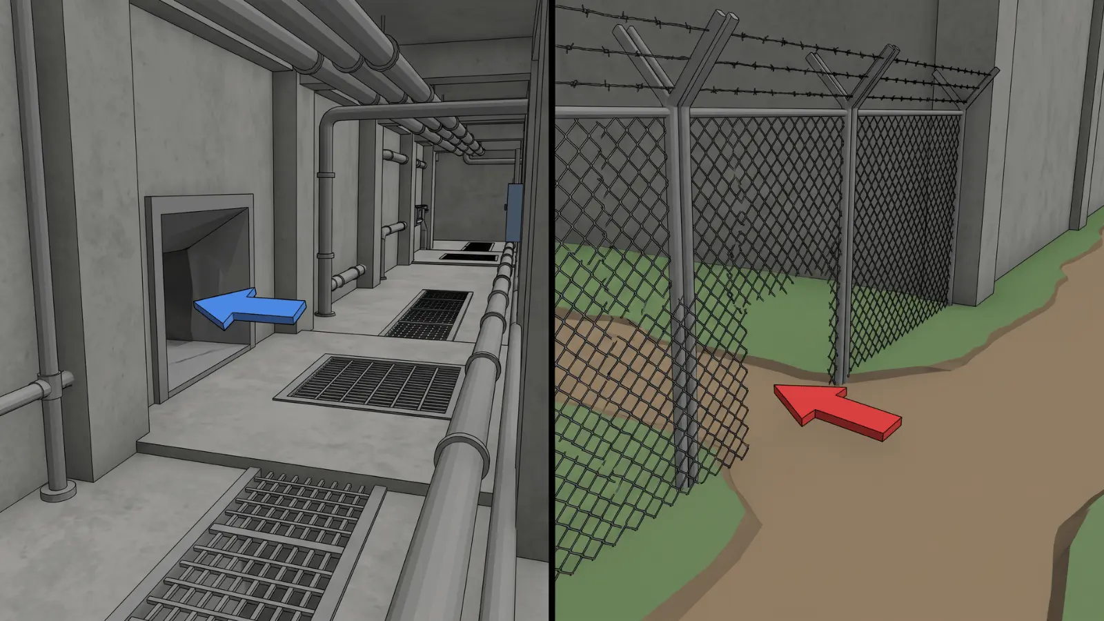 Split-screen prison corridors during a cooperative escape scene