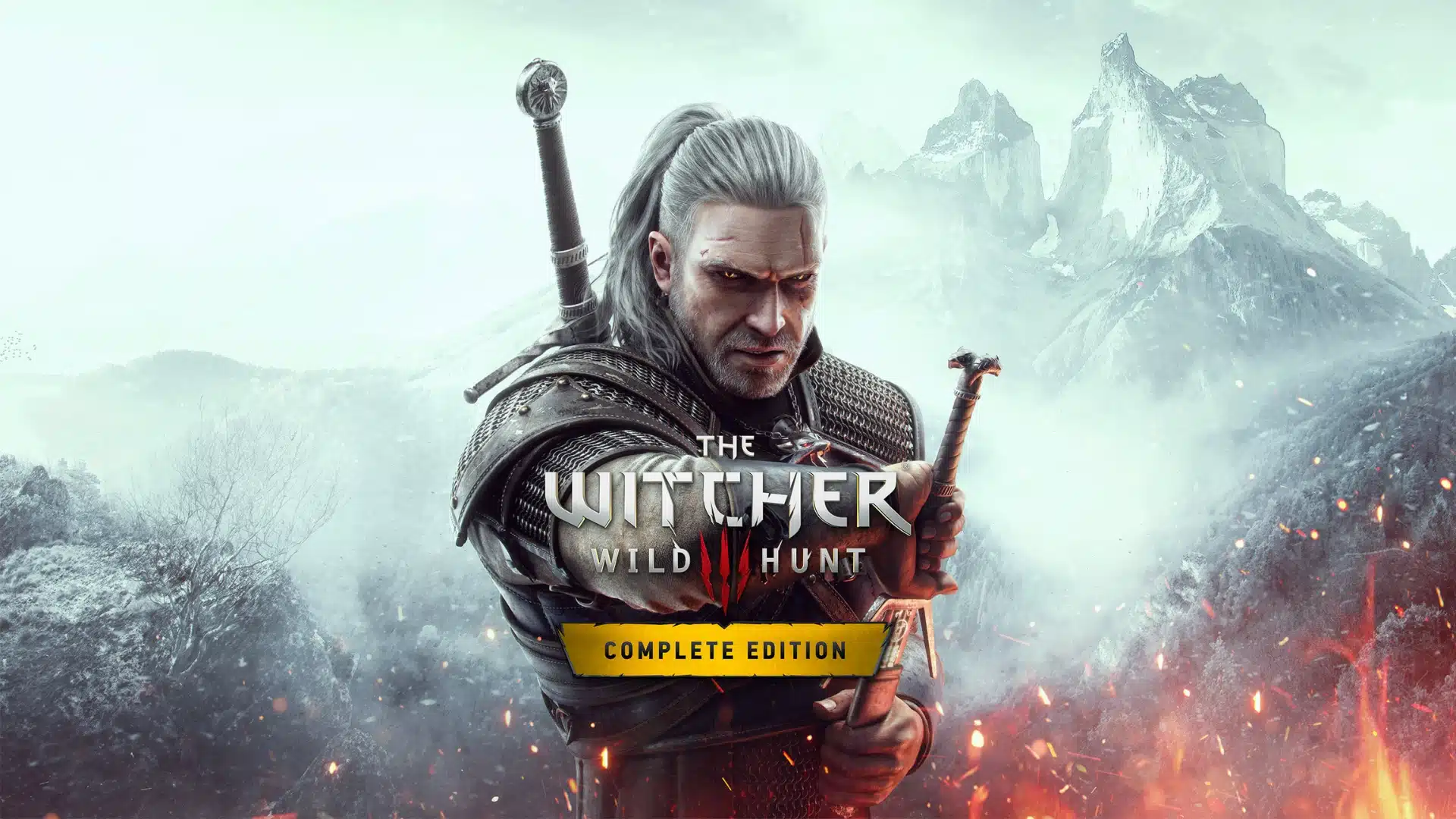 A white-haired warrior holding a sword against a snowy, mountainous landscape.