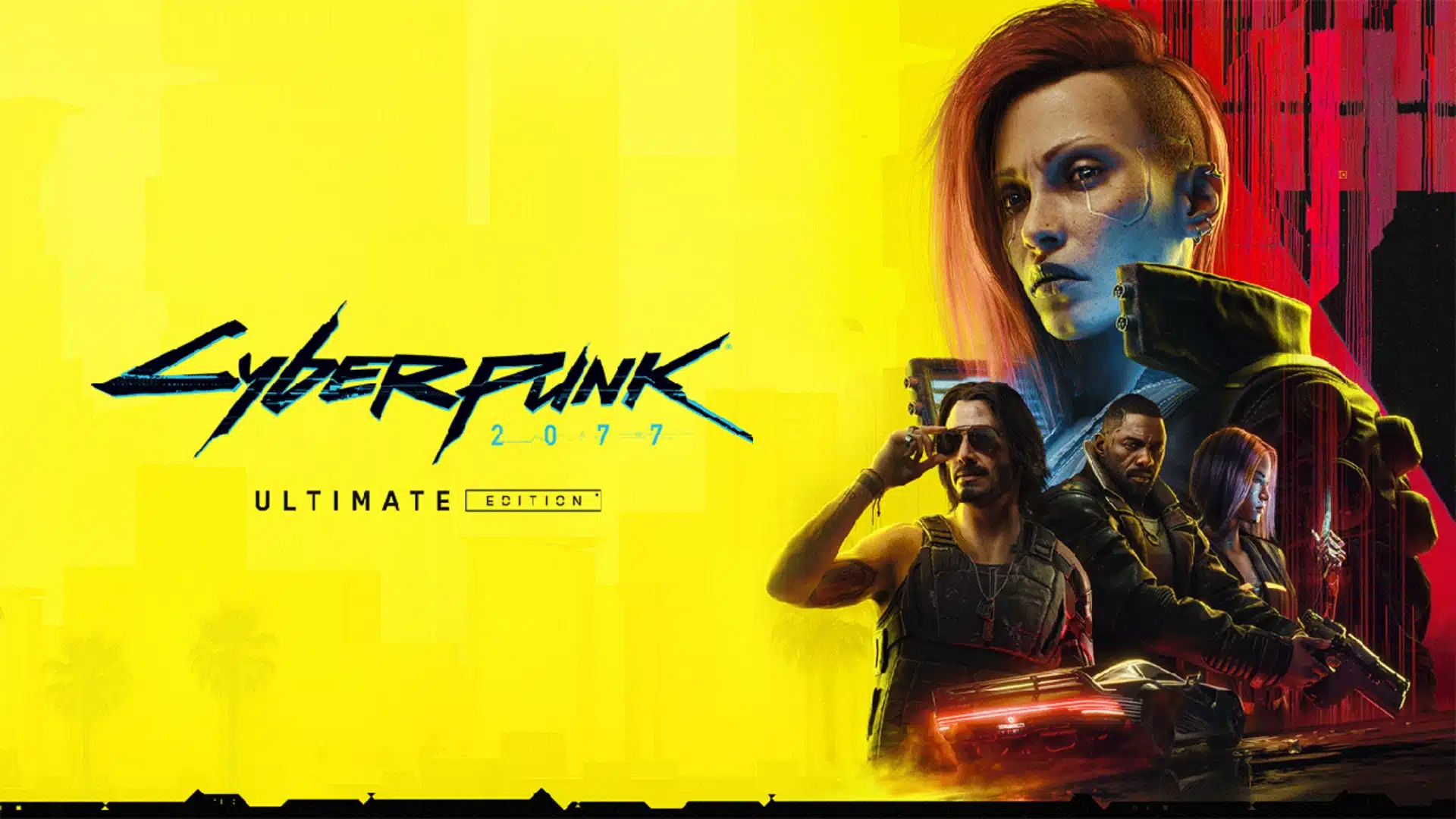 A woman with pink hair and several characters featured on a bright yellow background.