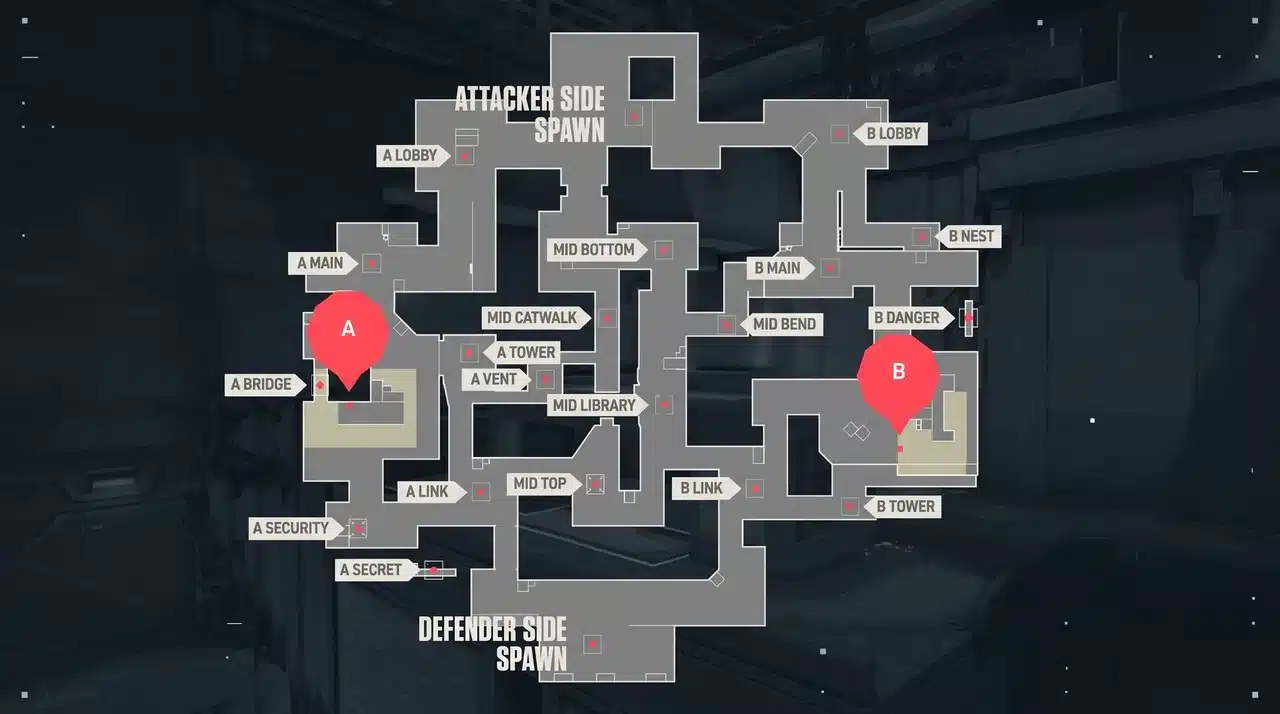 Valorant Icebox map layout showing A and B spike sites, attacker and defender spawns, and all major callout locations.