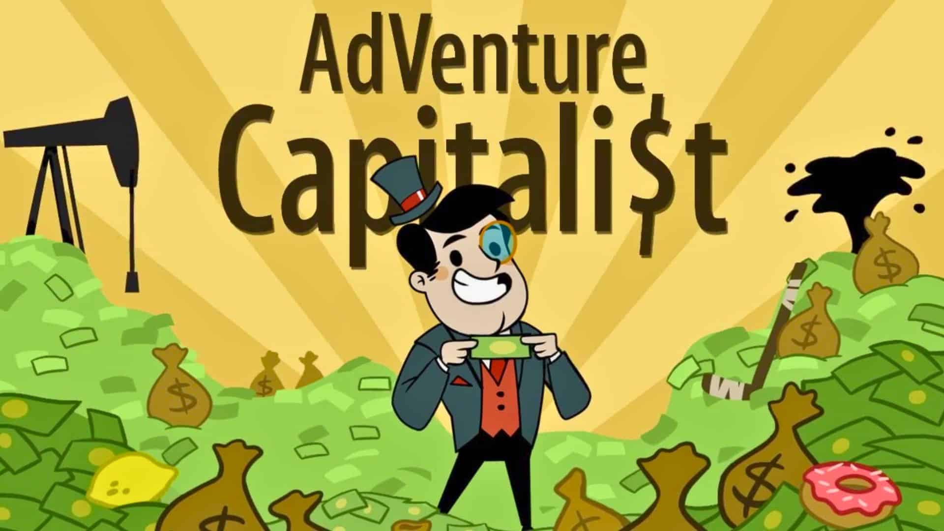 AdVenture Capitalist game logo with a cartoon businessman, money bags, and oil pump background.