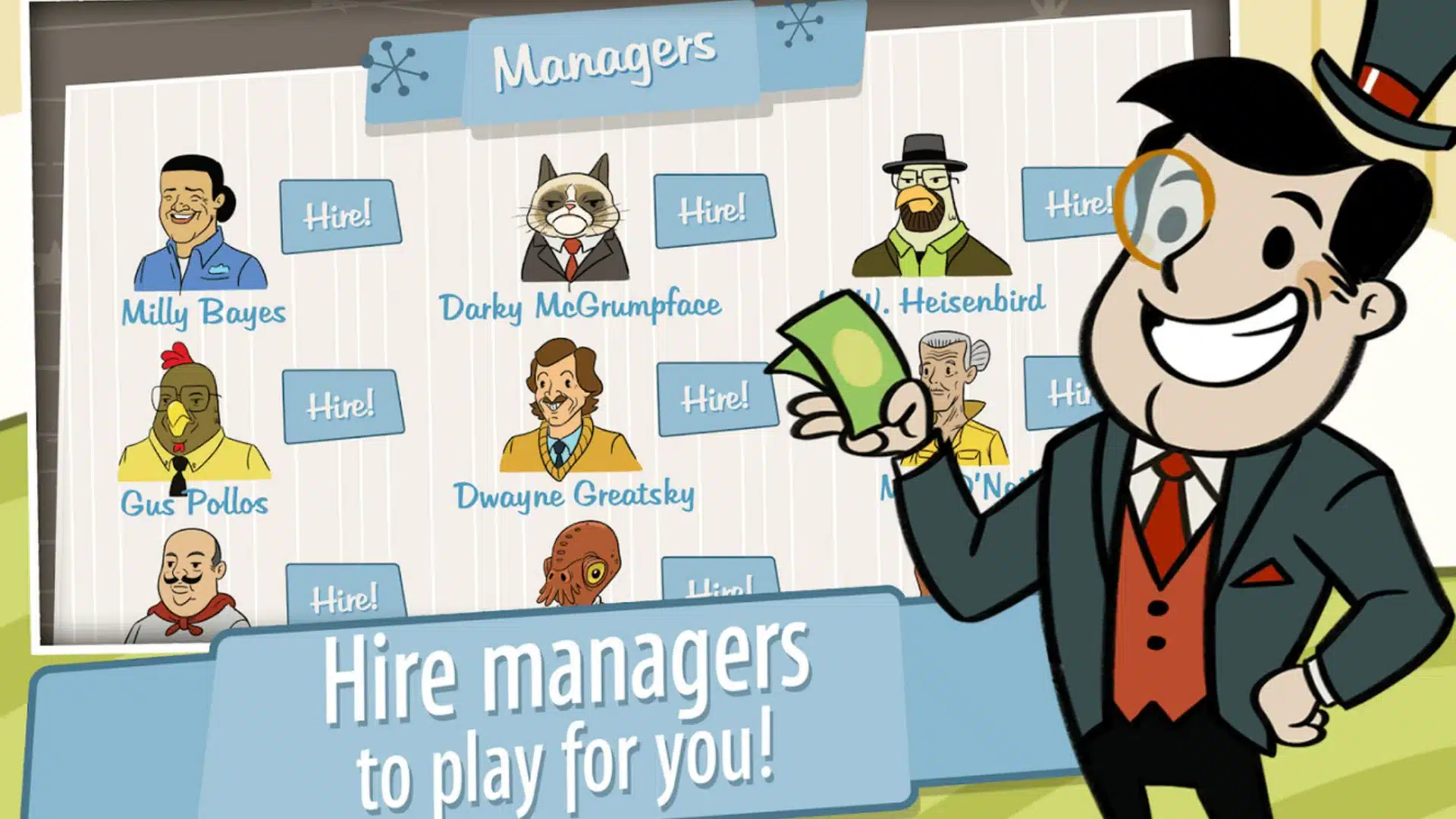 AdVenture Capitalist screen showing managers available to hire for automated profits