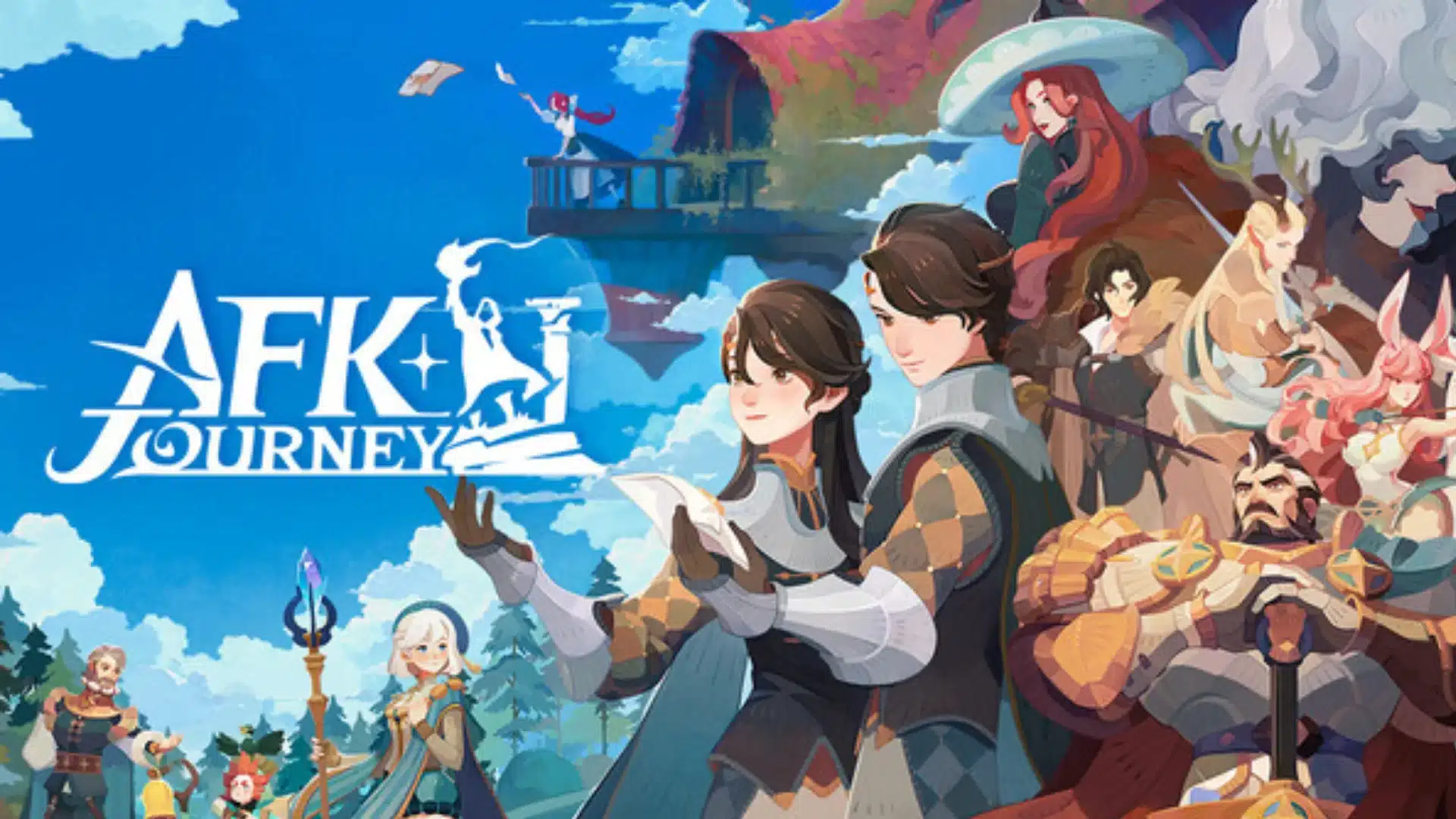 AFK Journey artwork featuring fantasy heroes gathered across a colorful magical world