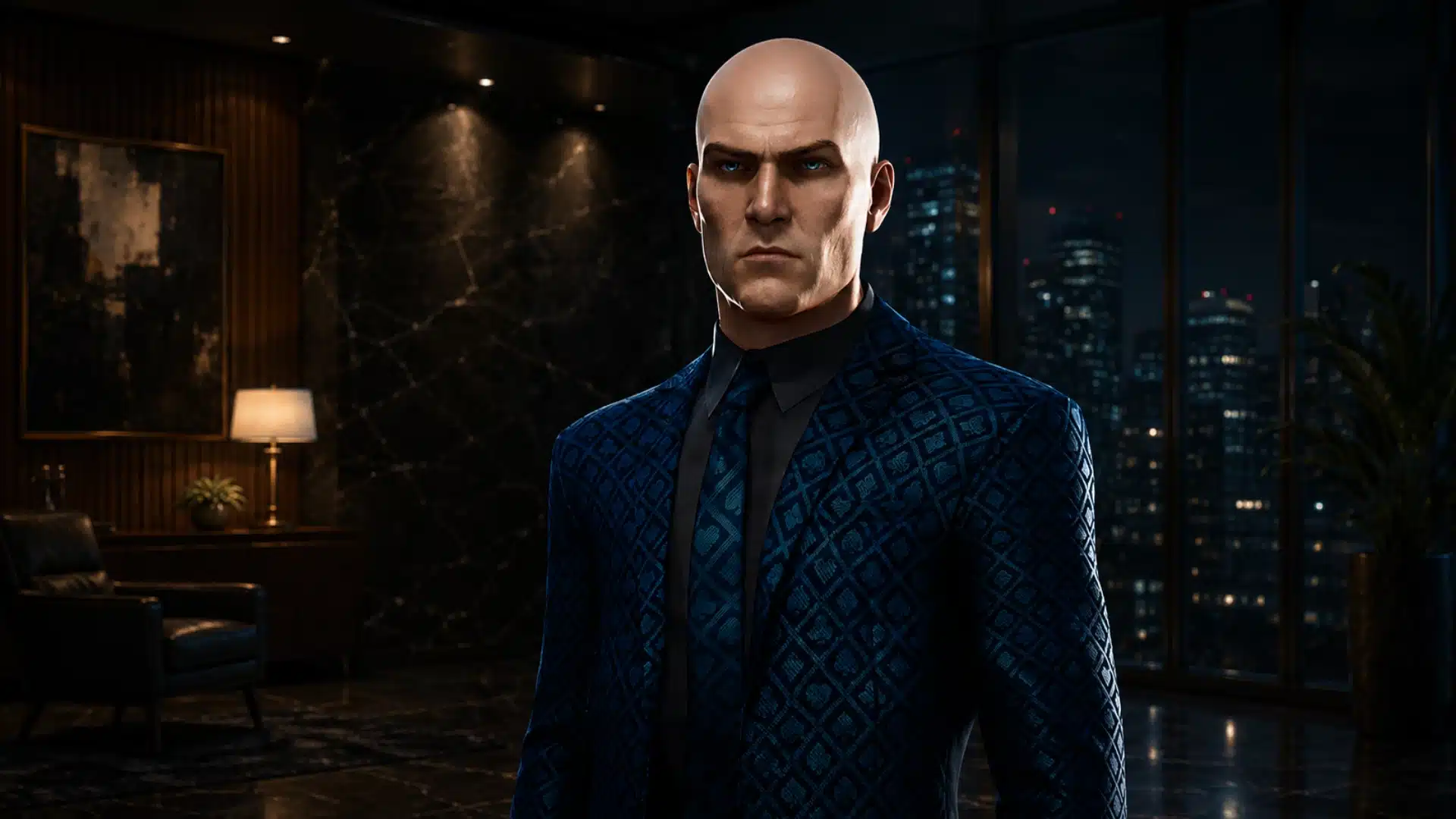 Agent 47 wearing The Banker King of Cards Suit from Hitman: World of Assassination