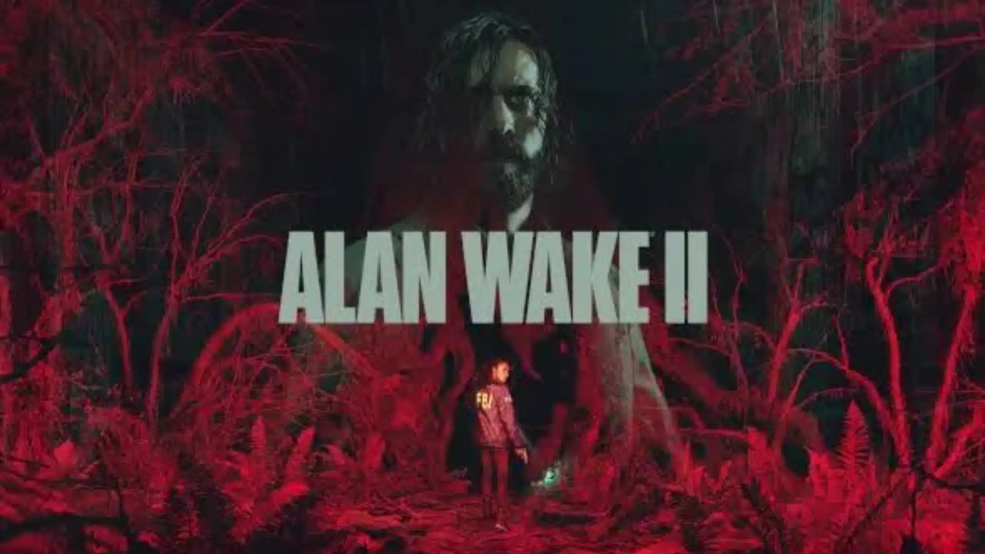 Alan Wake II cover showing protagonist in a dark red forest with FBI agent Saga Anderson and eerie horror atmosphere.