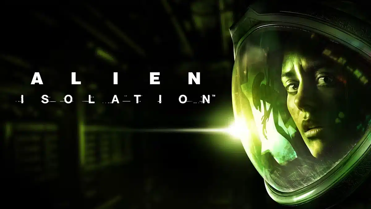 Alien Isolation game cover showing astronaut helmet reflection in a dark green sci-fi setting.