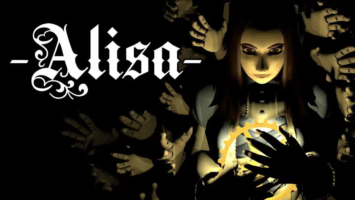 Alisa game artwork showing a doll-like character holding a glowing object surrounded by dark hands.