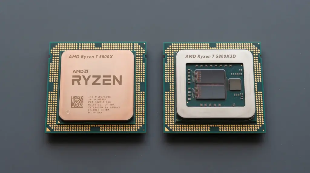 Two AMD AM4 CPUs on a dark matte surface, one with visible stacked cache die on heatspreader