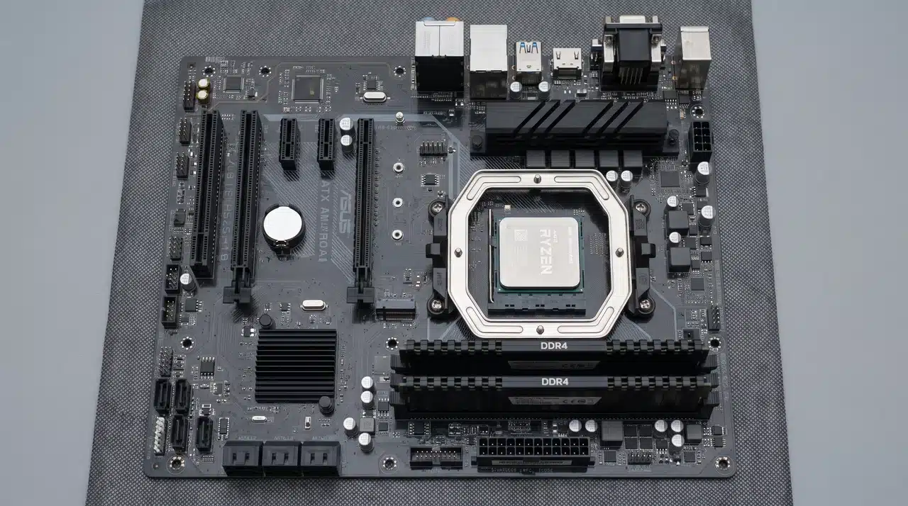 AM4 motherboard with CPU installed and DDR4 memory seated in slots, viewed from above
