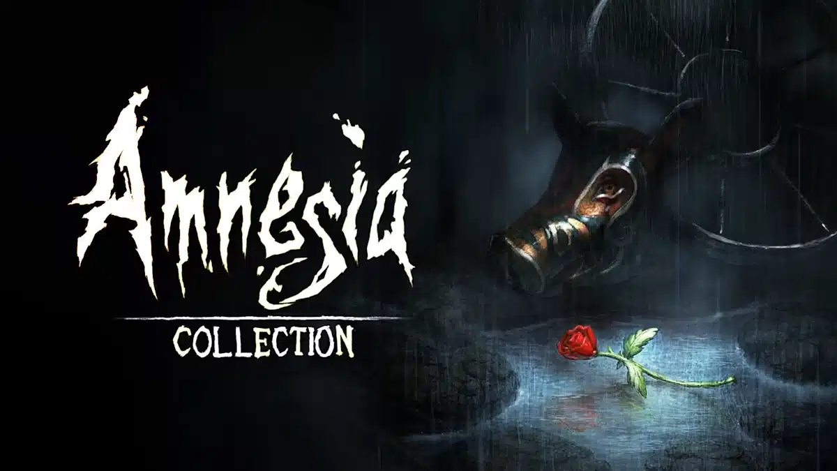 Amnesia Collection game artwork showing a dark horror scene with a gas mask, rose, and shadowy background.