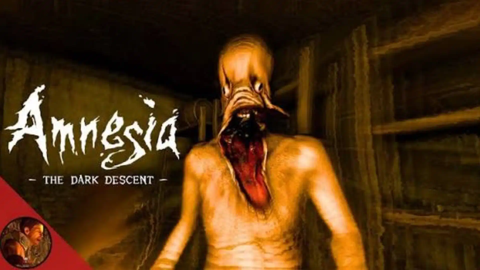 Amnesia: The Dark Descent cover showing a distorted humanoid monster in a dim, eerie corridor with horror atmosphere.
