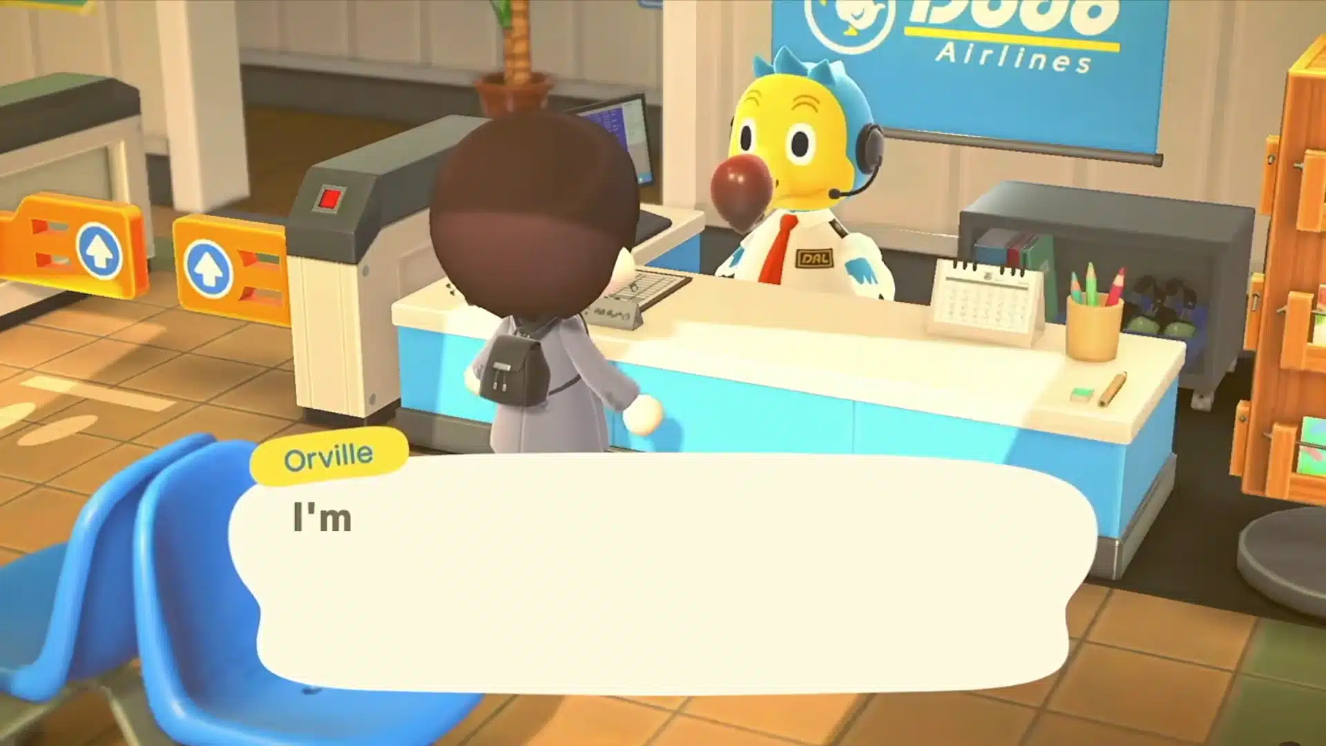 An Animal Crossing player talking to Orville the dodo behind an airport service counter.