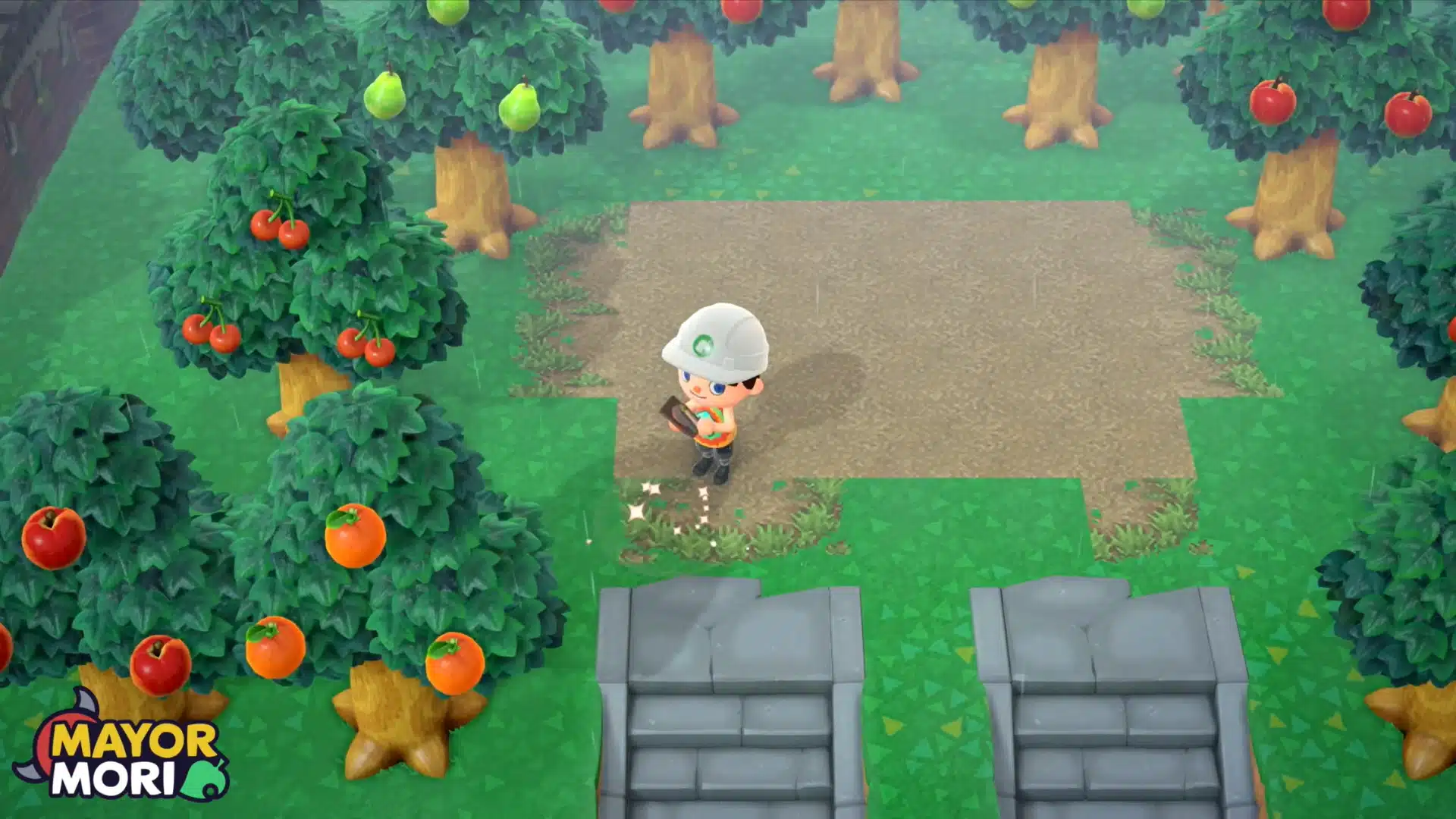 An Animal Crossing character wearing a hard hat while laying down a dirt path in an orchard