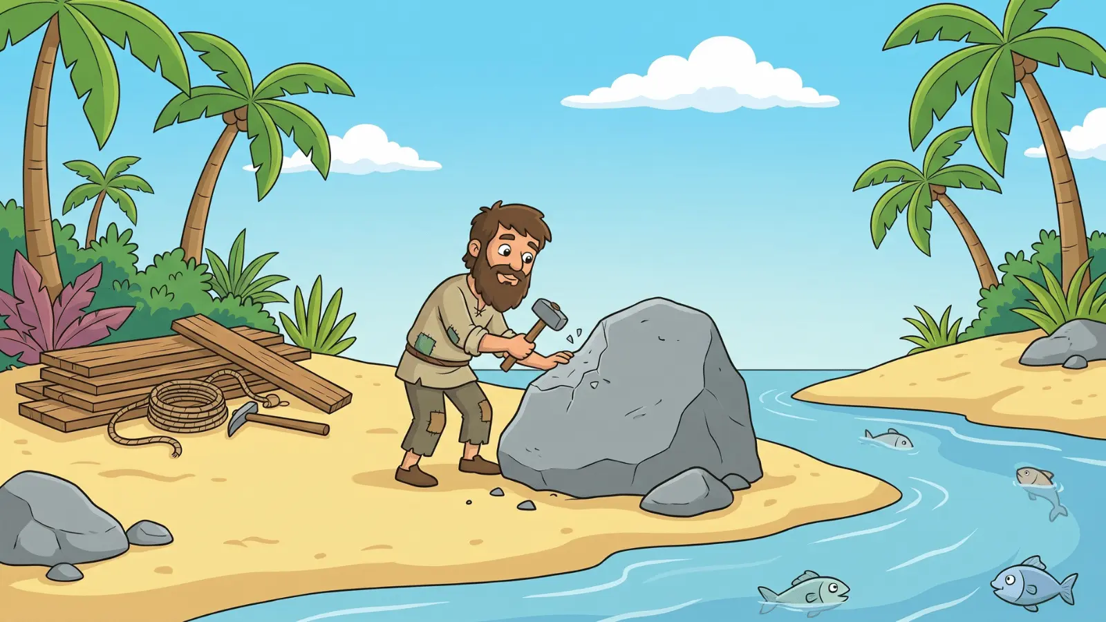 Character on island breaking rocks with trees and crafting materials in cartoon style