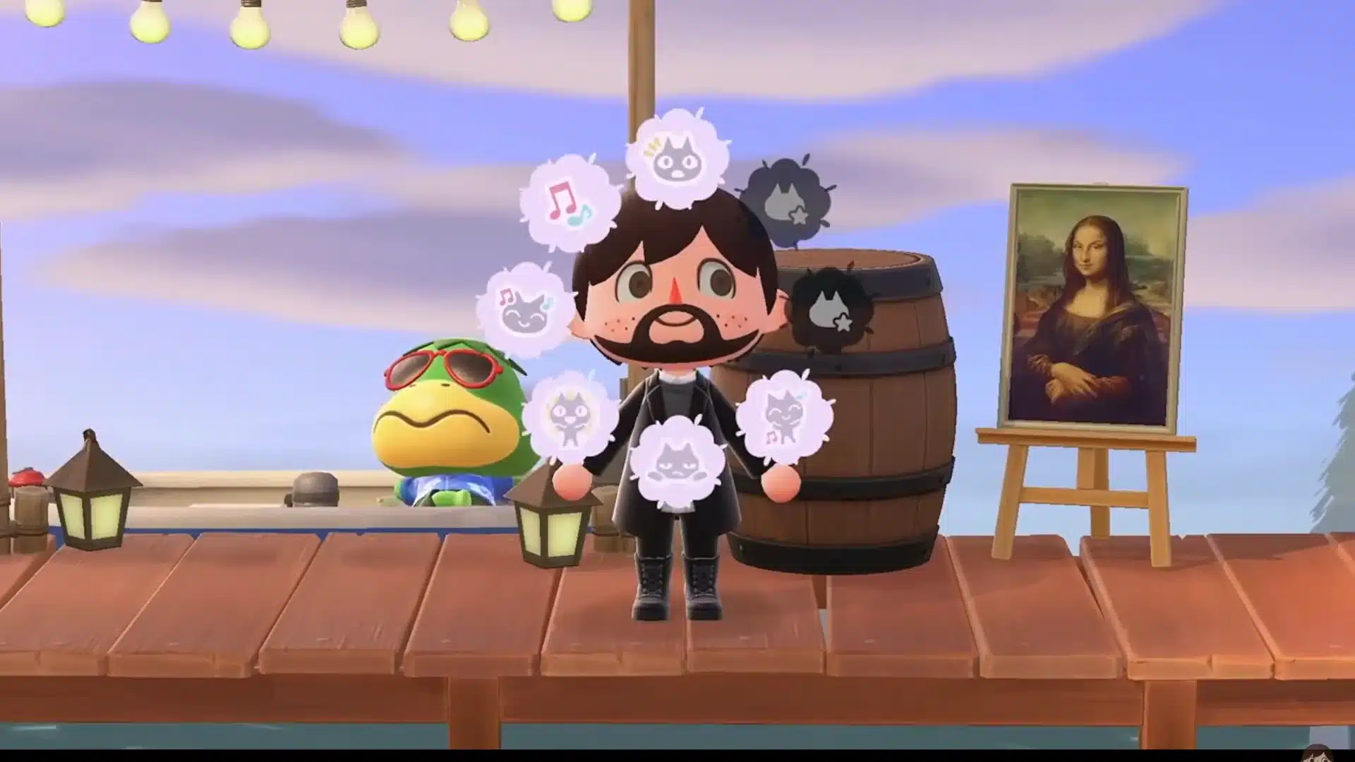 An Animal Crossing character standing on a wooden dock surrounded by a reaction menu wheel