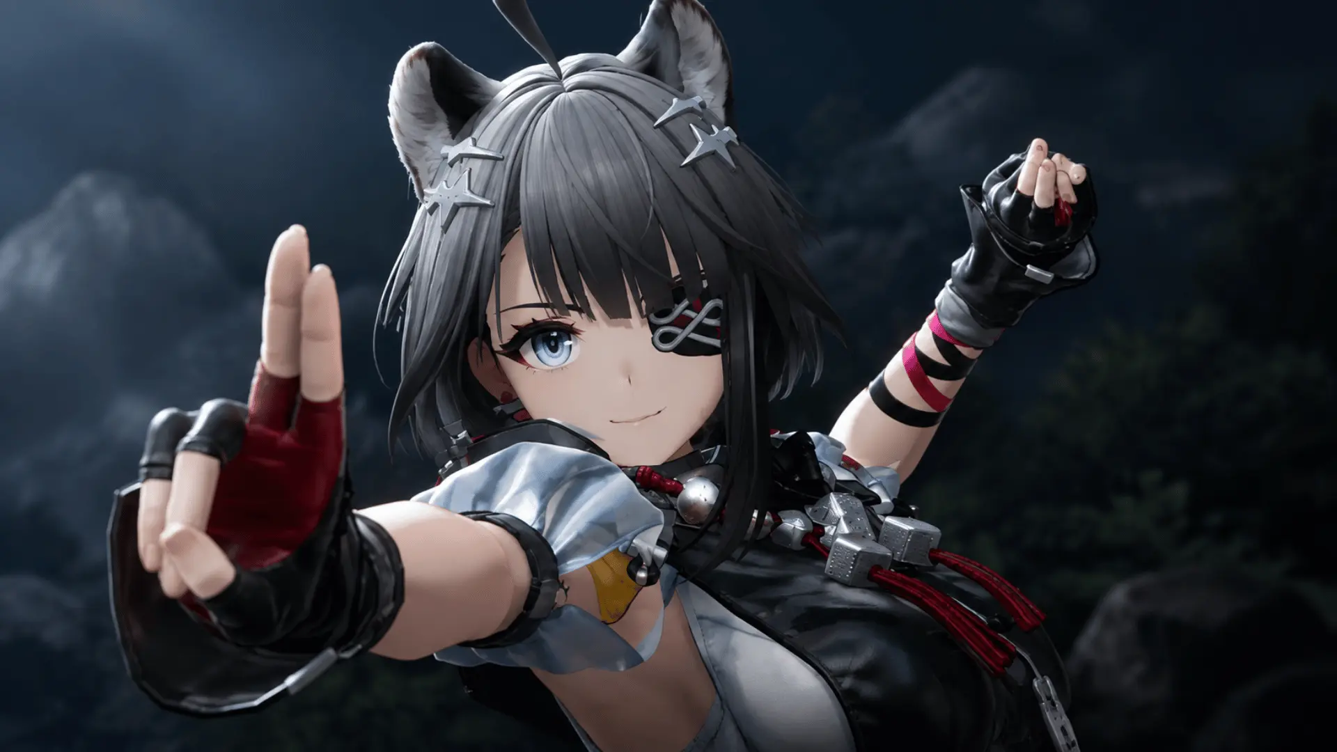 Anime-style character with black hair, cat ears, and a black and white outfit outdoors.