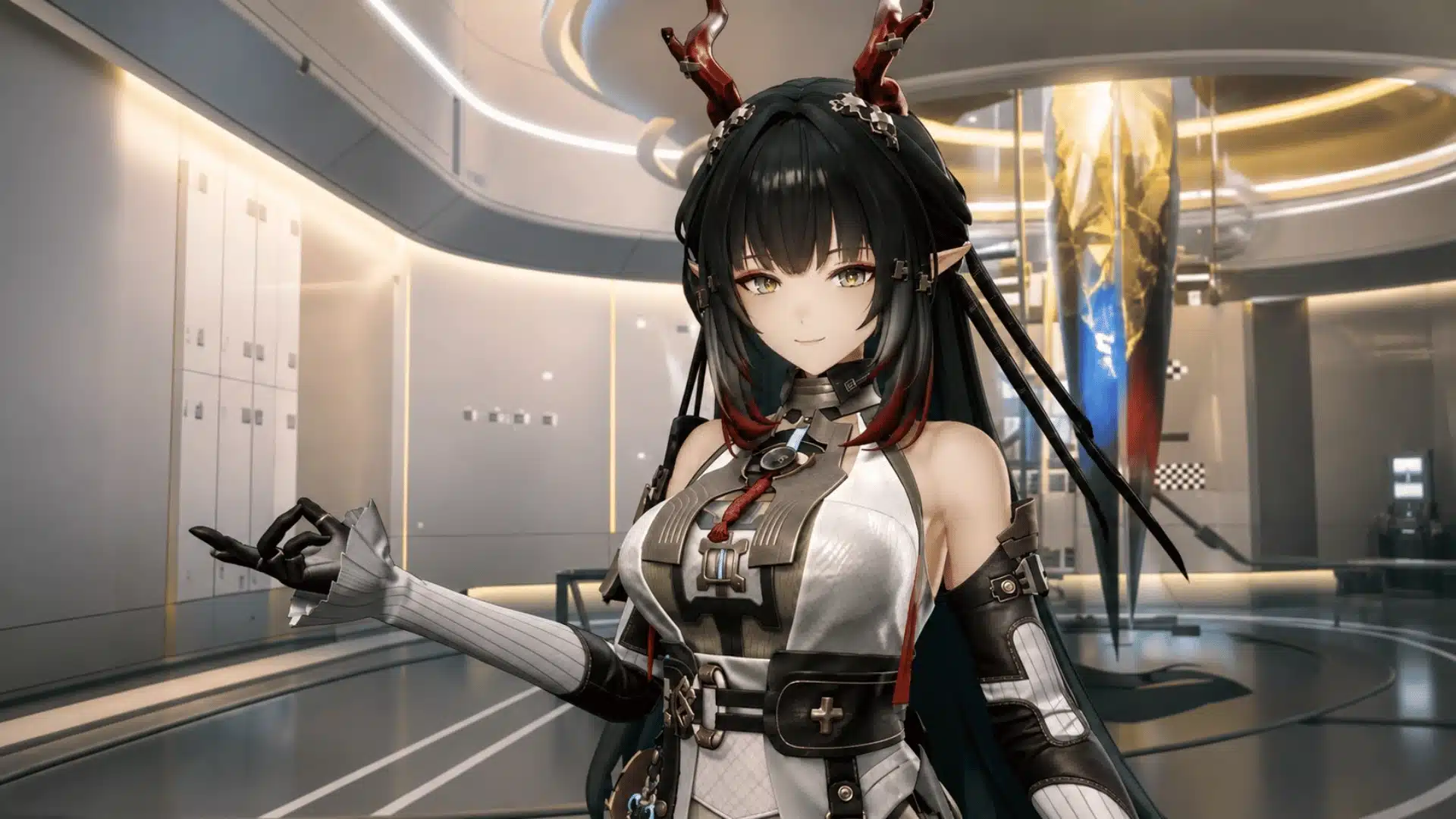 Anime-style character with black hair, horn accessories, and a black and green futuristic outfit.