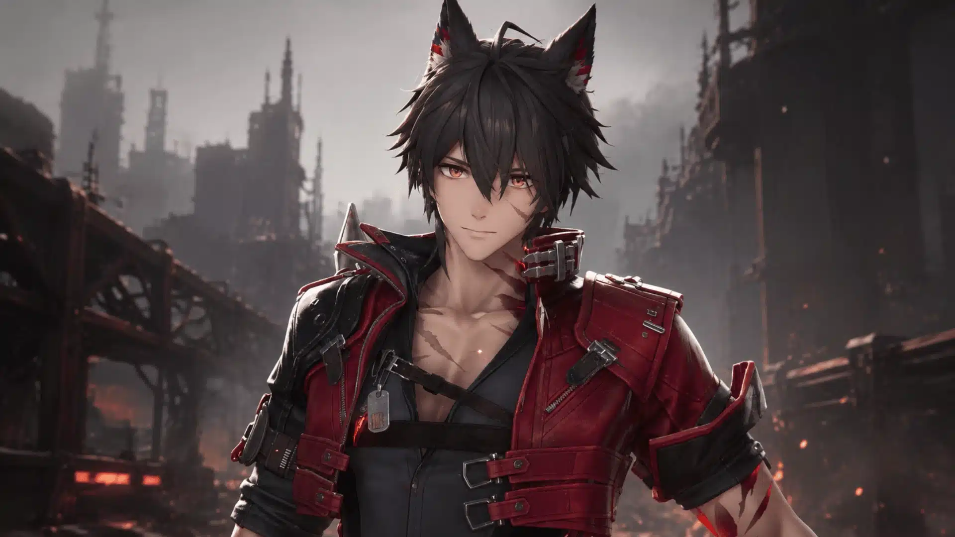 Anime-style character with black hair, animal ears, and a red and black jacket.