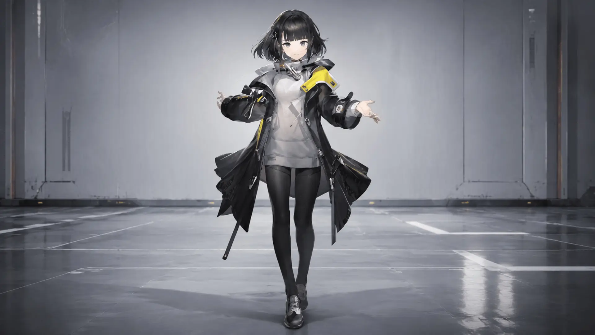 Anime-style character with black hair wearing a black and yellow futuristic jacket indoors.