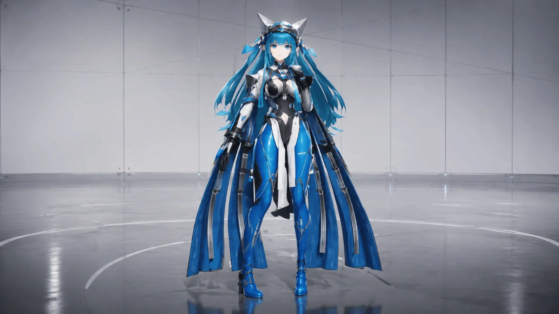 Anime-style character with blue hair, animal ears, and a blue futuristic outfit.