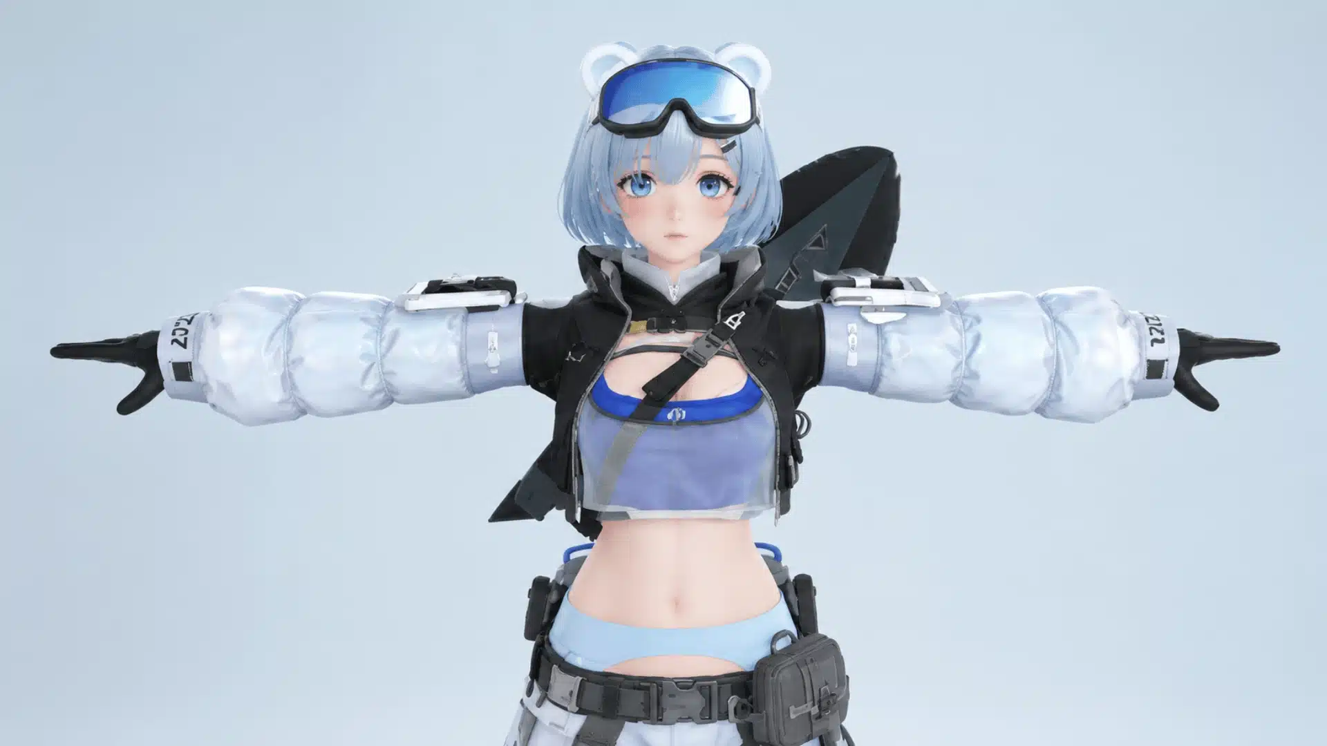 Anime-style character with blue hair, goggles, and a white futuristic outfit.