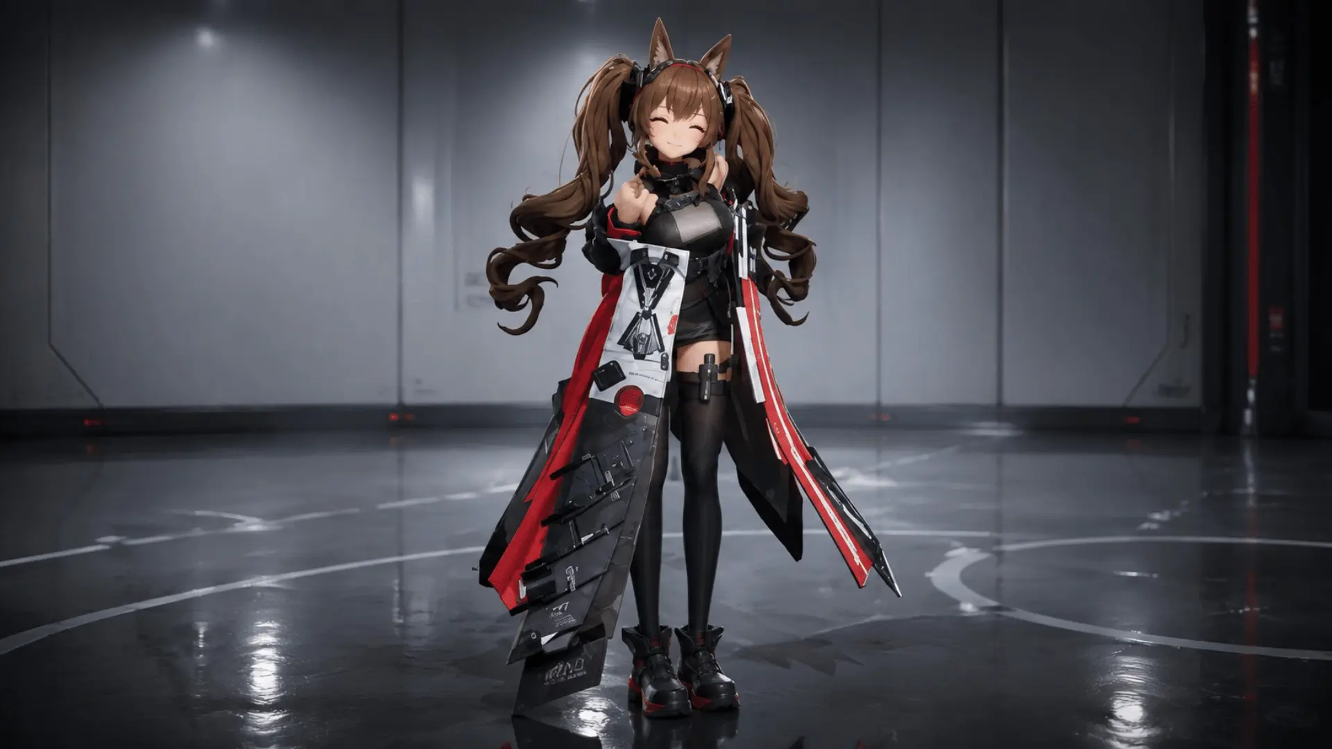 Anime-style character with brown hair, animal ears, and a black and red outfit.