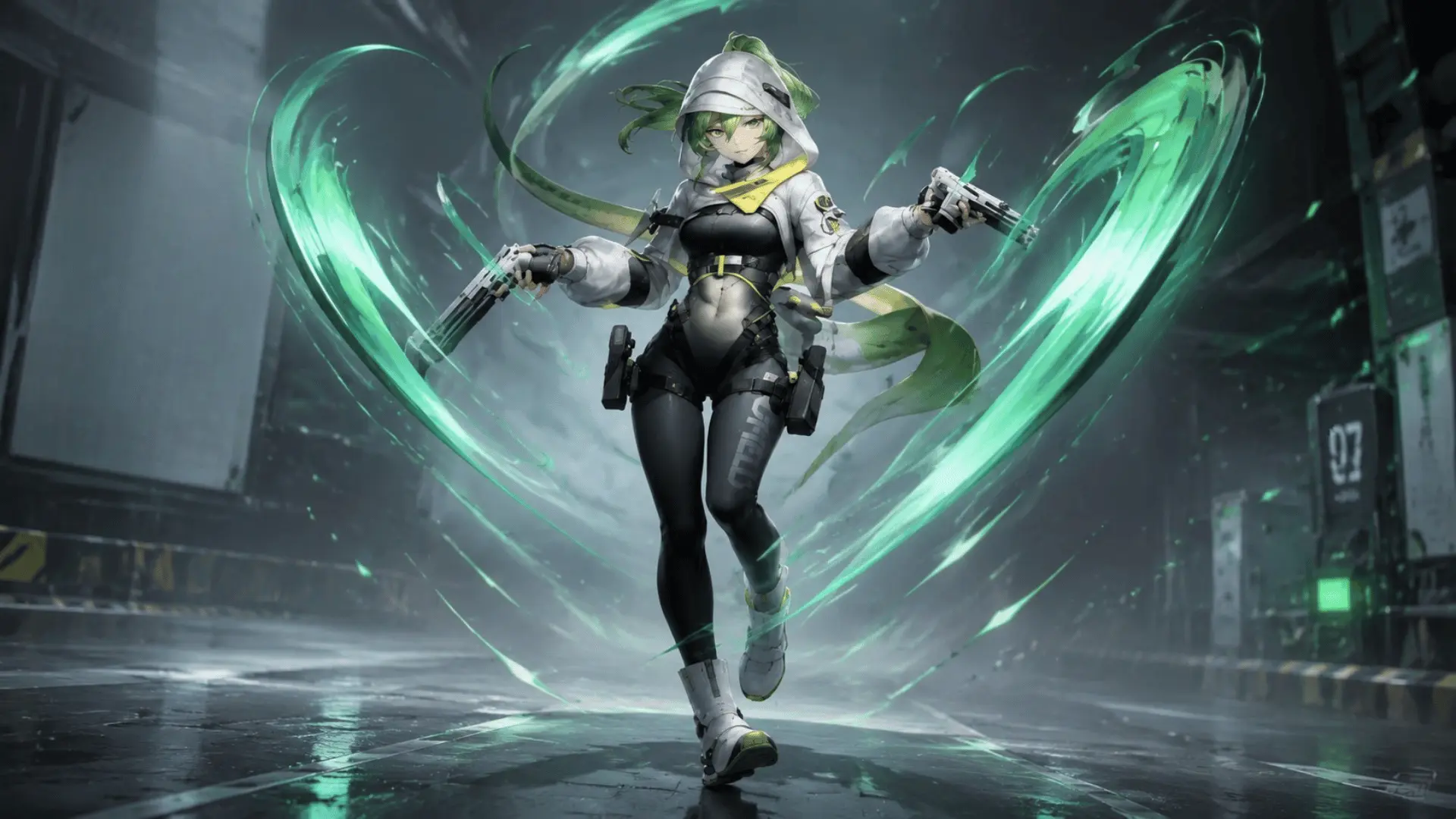 Anime-style character with green hair, white outfit, and dual pistols surrounded by green energy.