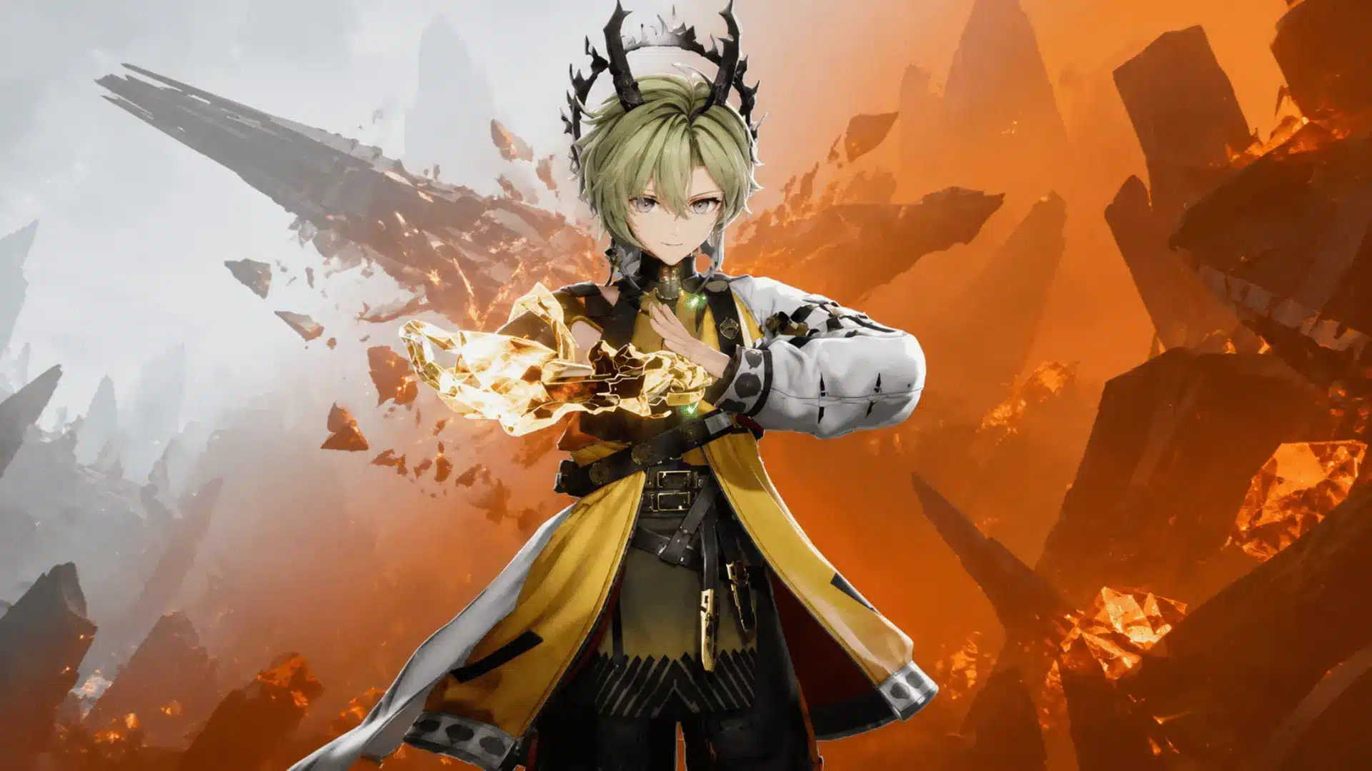 Anime-style character with green hair wearing yellow and black armor with a glowing golden weapon.