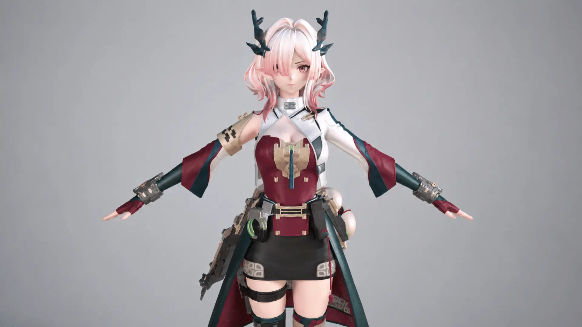 Anime-style character with pink hair, antler accessories, and a futuristic white and red outfit.