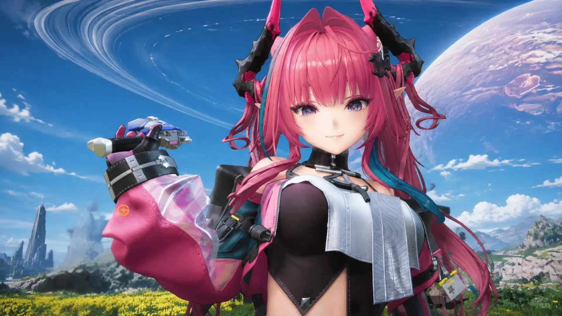 Anime-style character with pink hair, horn accessories, and a futuristic black and white outfit.