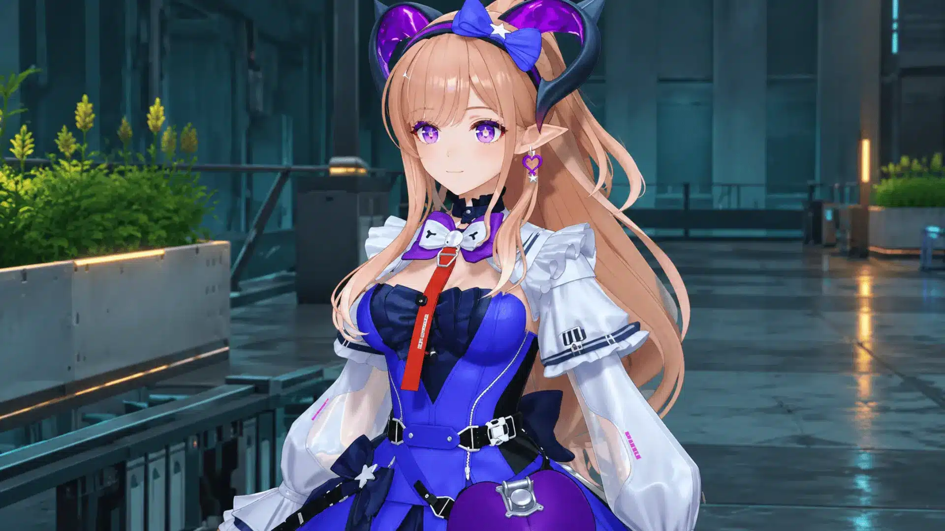 Anime-style character with purple eyes, horn accessories, and a blue and white outfit indoors.