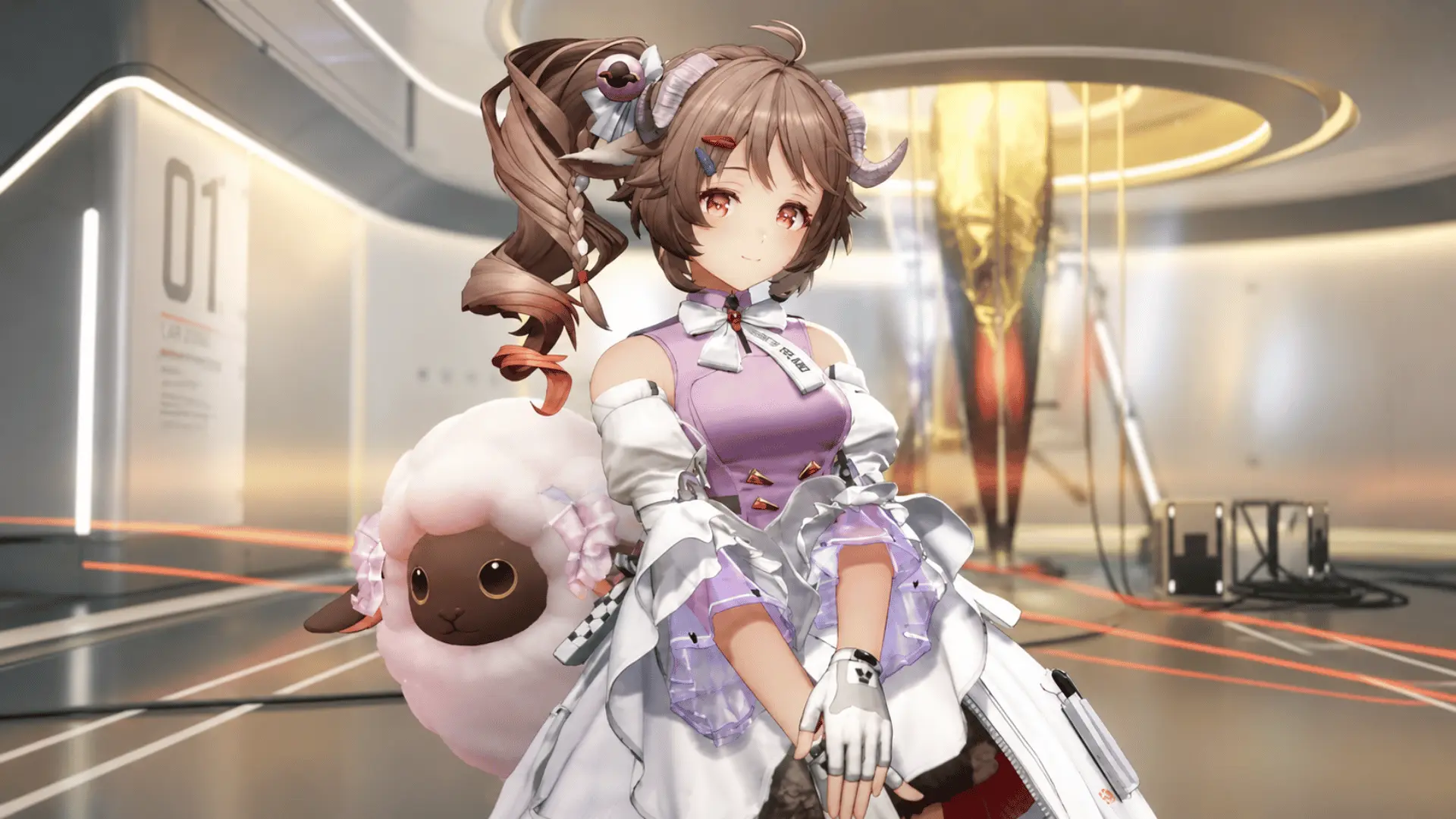 Anime-style character in a purple and white outfit standing beside a small plush creature indoors.