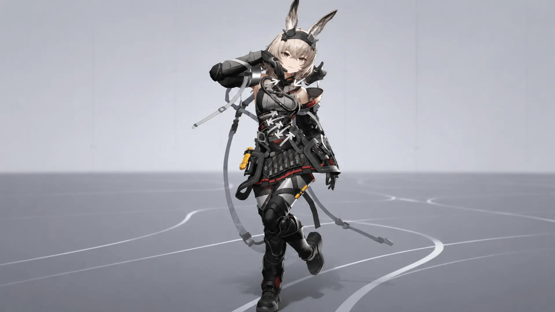 Anime-style character with rabbit ears wearing black armor and tactical gear.