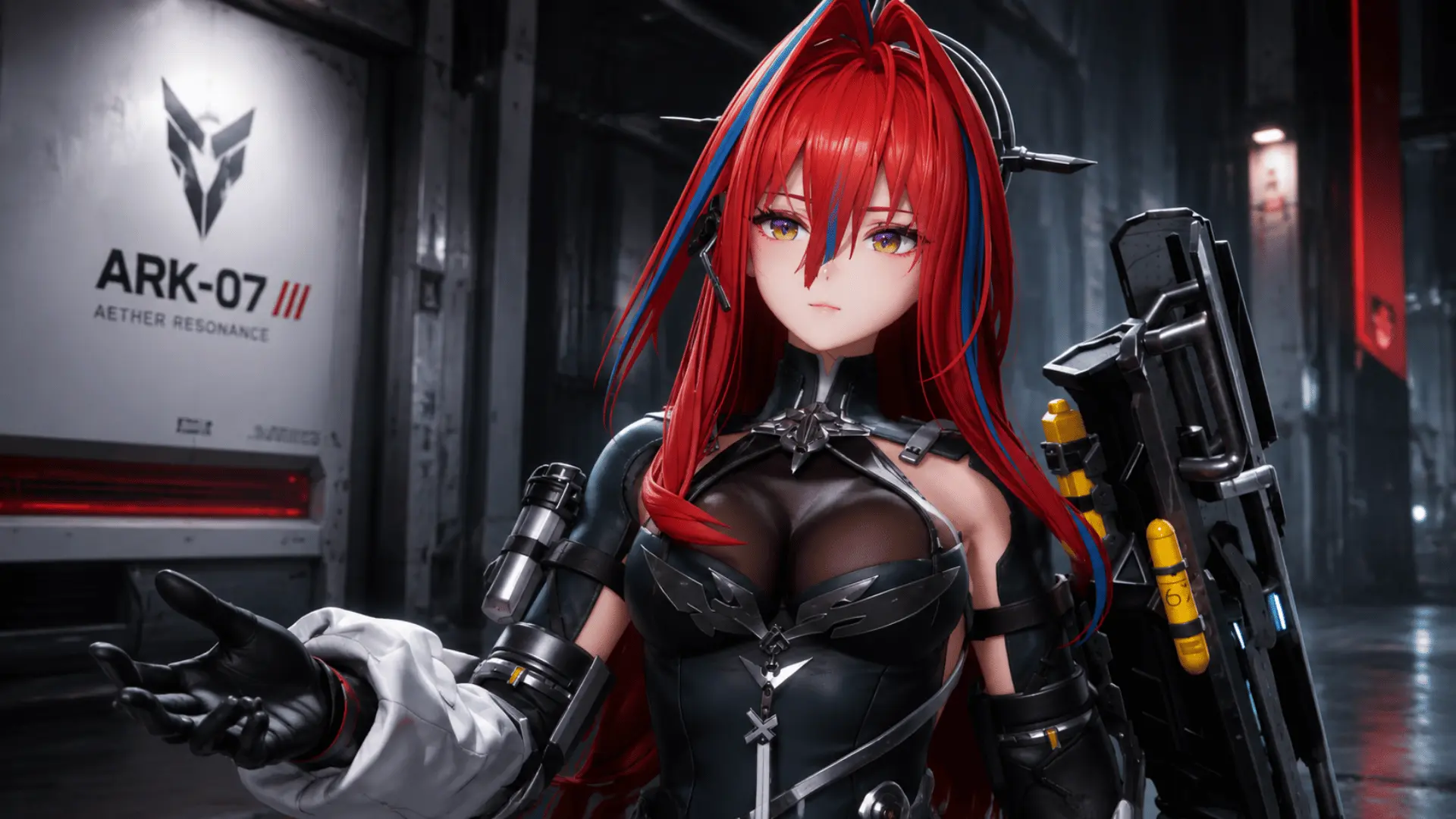 Anime-style character with red hair wearing black armor and carrying futuristic weapons.