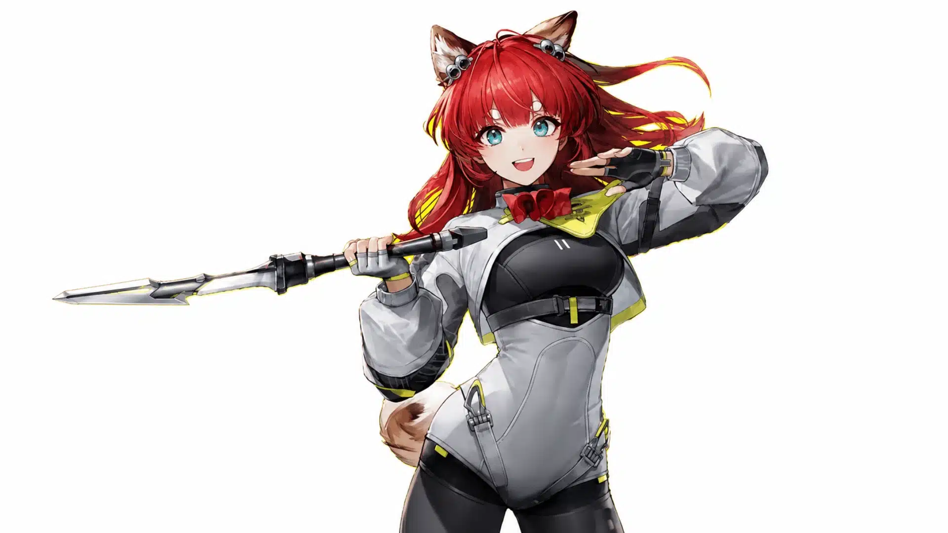 Red-haired anime-style cat-eared woman holding a futuristic spear in a black and white outfit.
